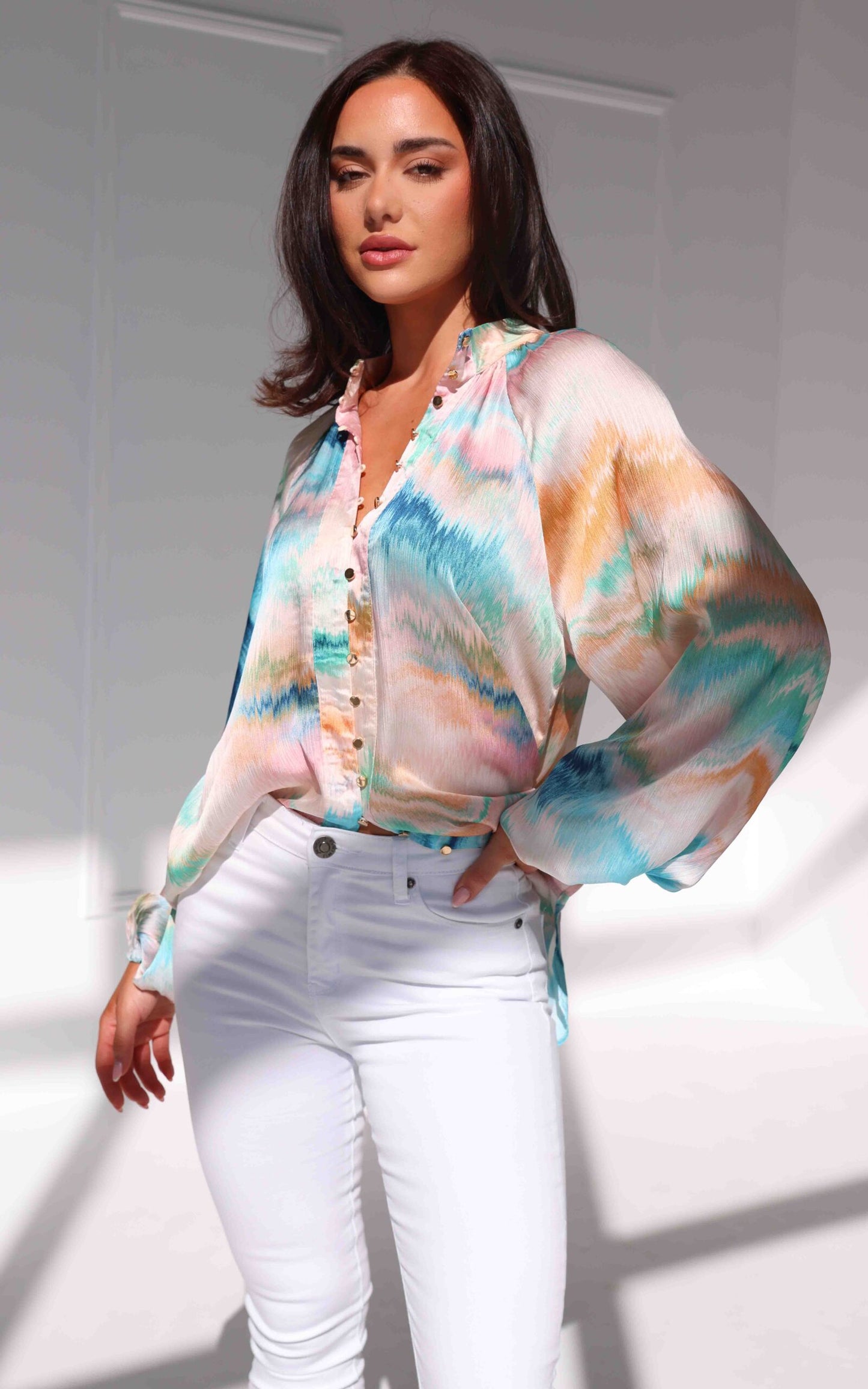 Lindal Shirt Blouse - Blue Pink Multi Print