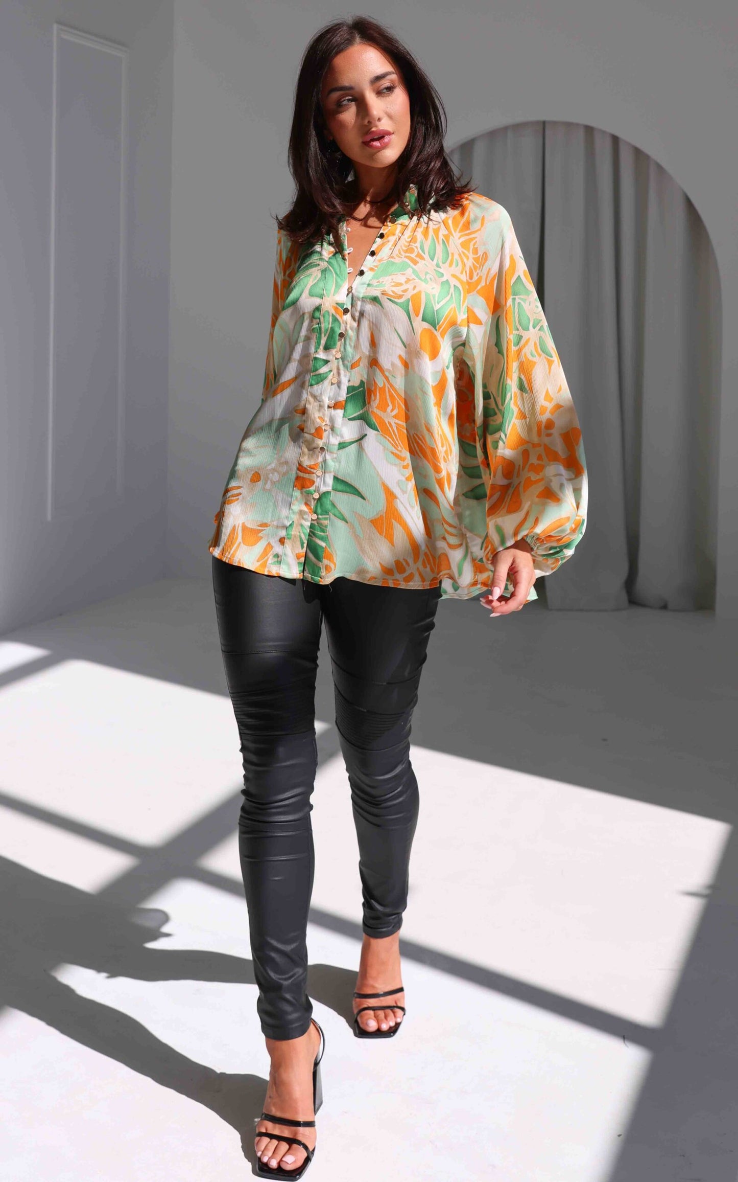 Lindal Shirt Blouse - Green Orange Leaf Print