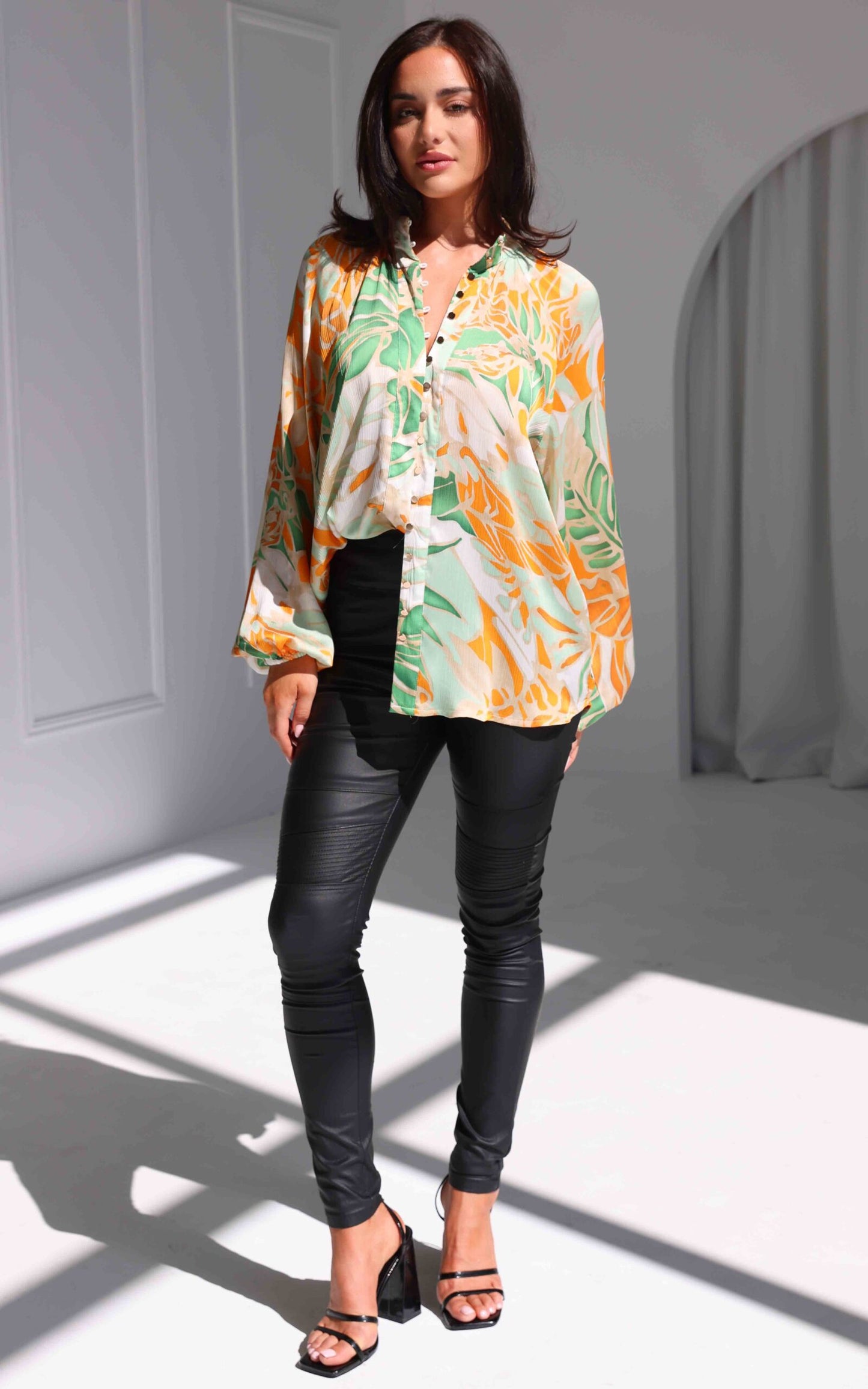 Lindal Shirt Blouse - Green Orange Leaf Print