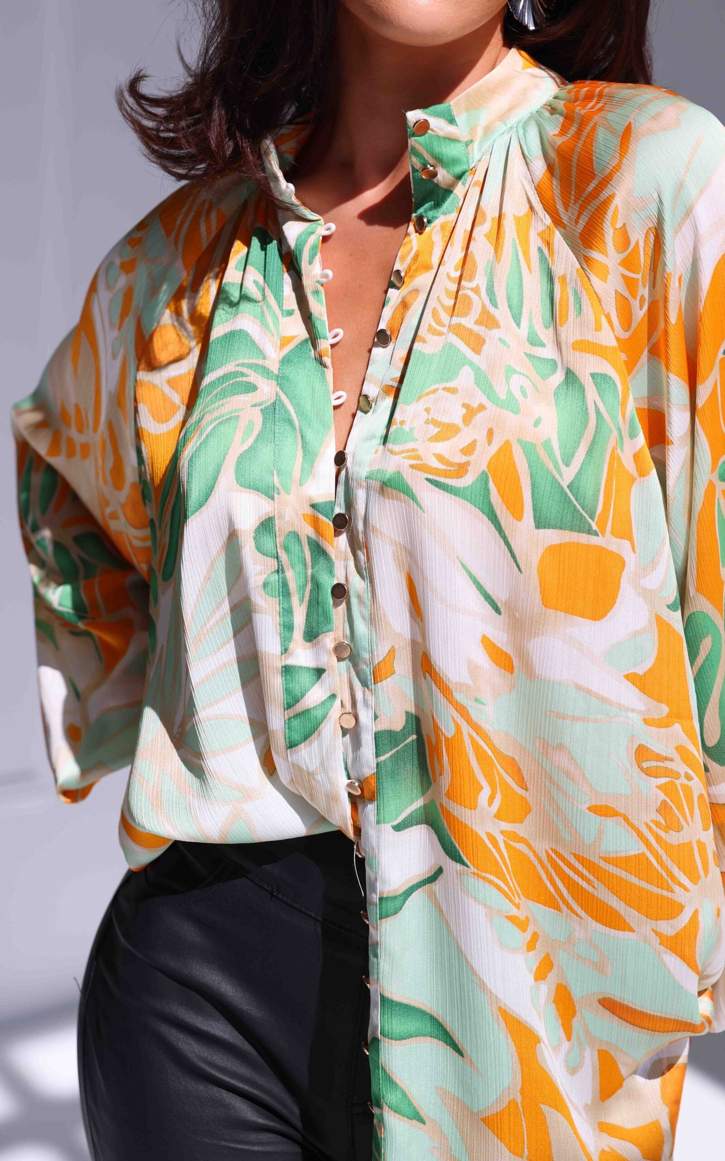 Lindal Shirt Blouse - Green Orange Leaf Print