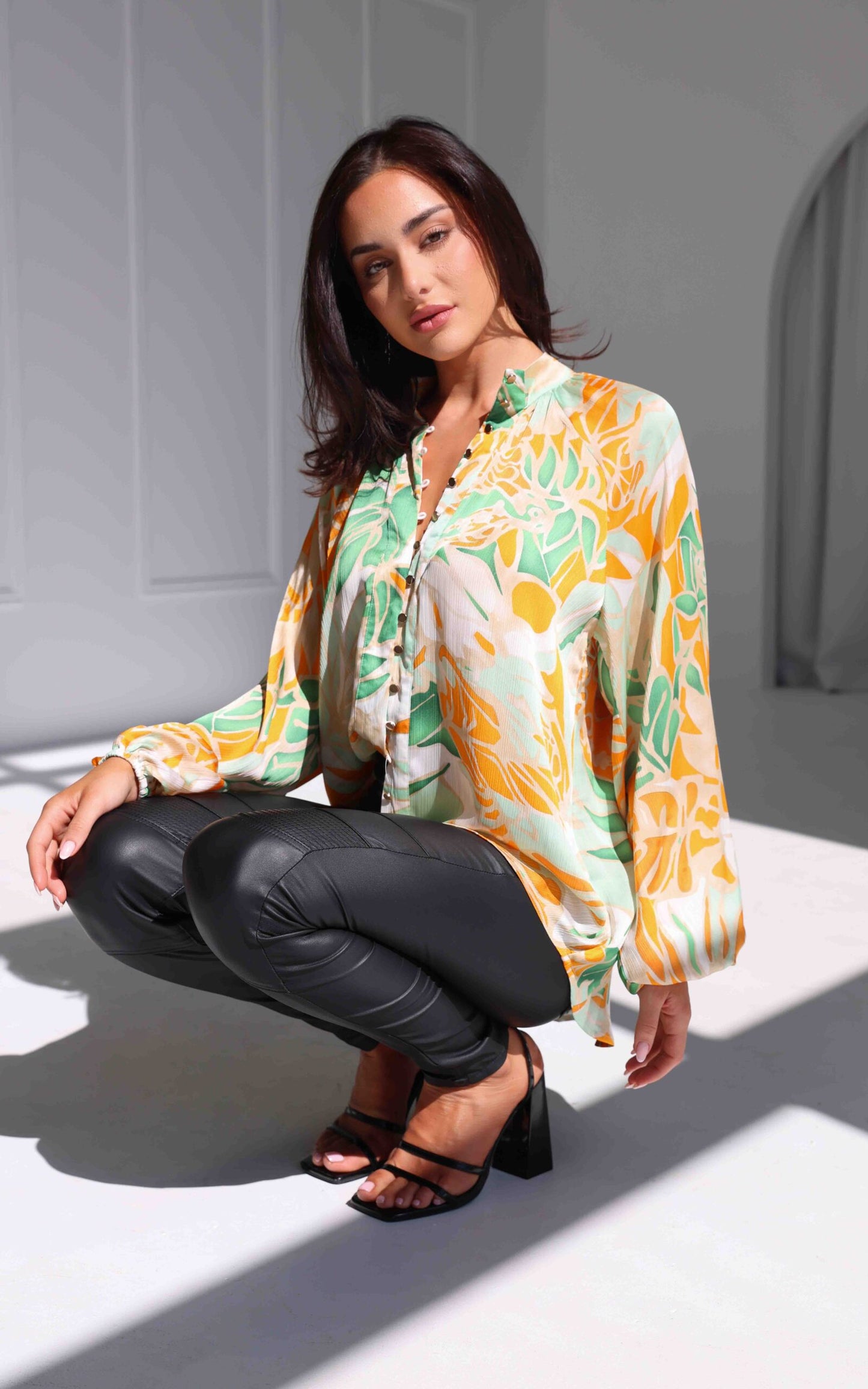 Lindal Shirt Blouse - Green Orange Leaf Print