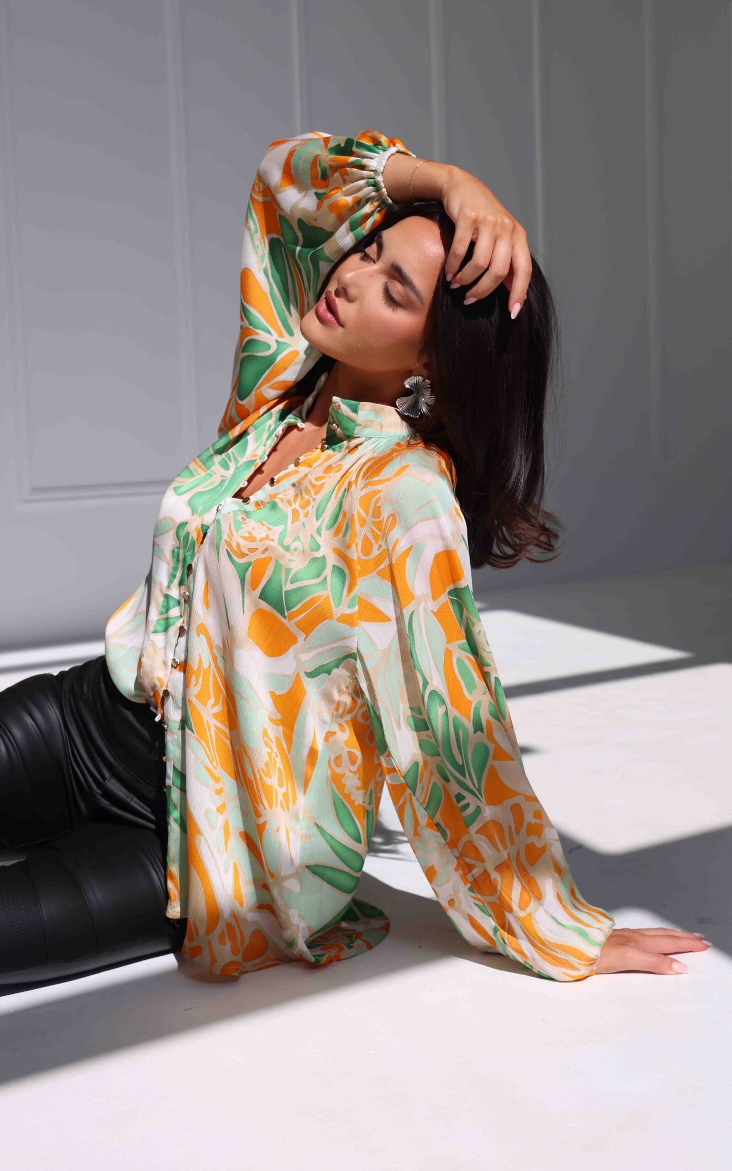 Lindal Shirt Blouse - Green Orange Leaf Print