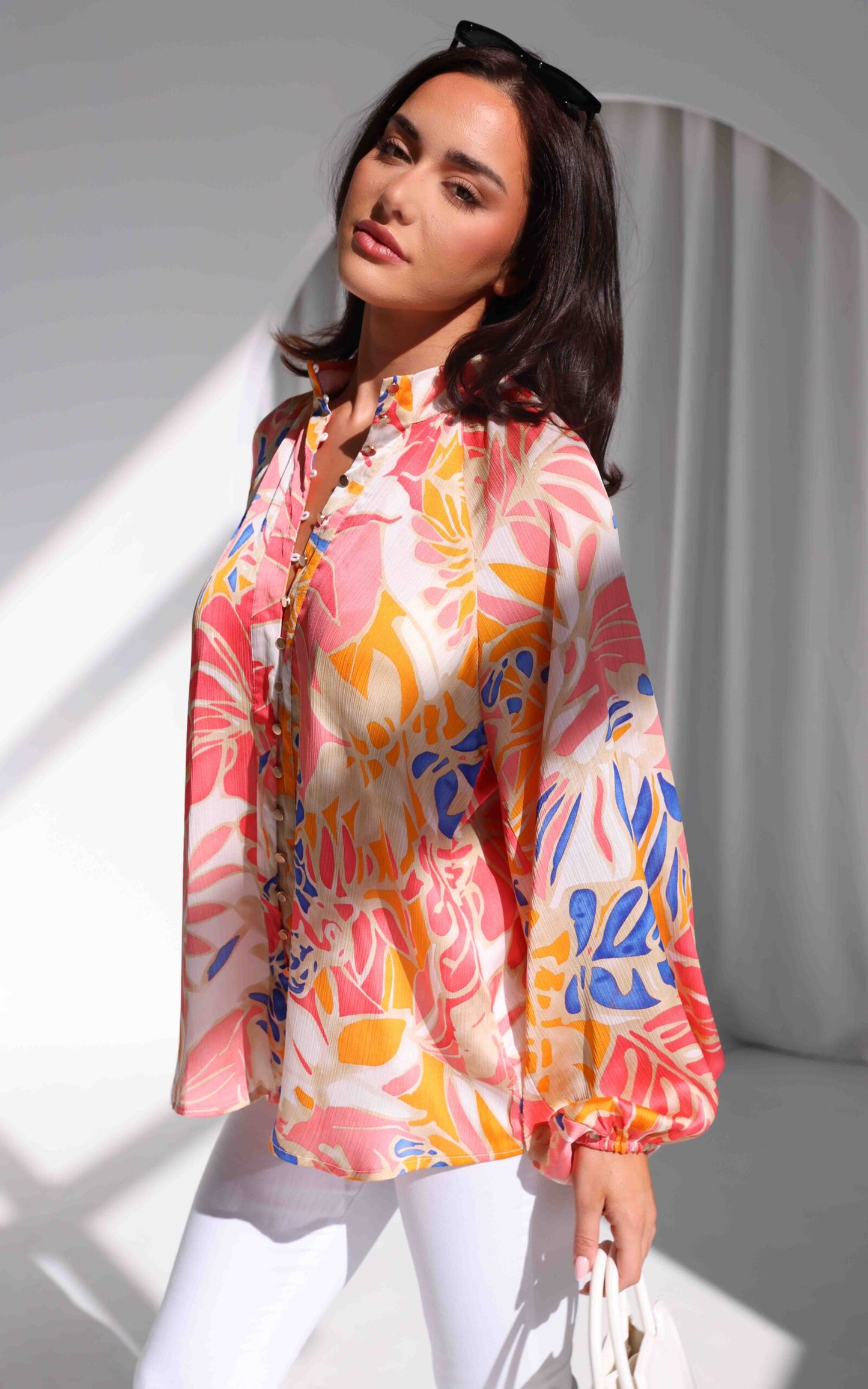 Lindal Shirt Blouse - Orange Blue Leaf Print