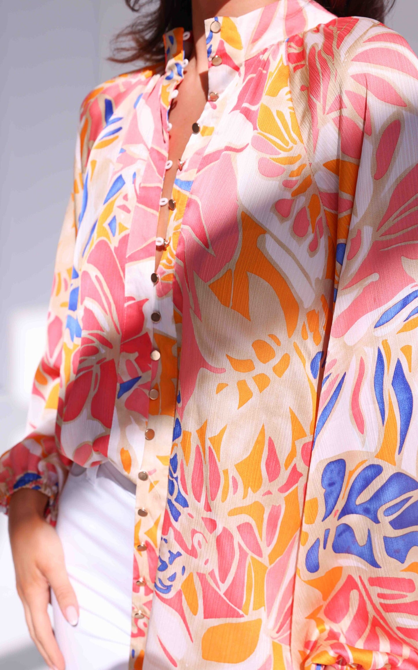 Lindal Shirt Blouse - Orange Blue Leaf Print