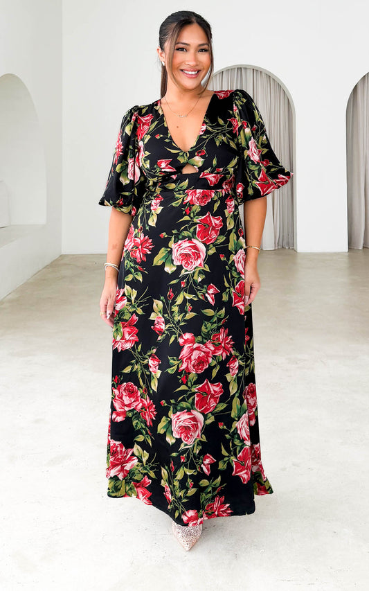 Liora Short Sleeve Maxi Dress - Black Red Floral