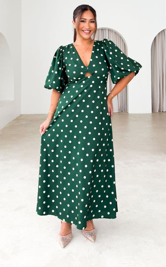 Liora Short Sleeve Maxi Dress - Emerald Cream Polka Dot
