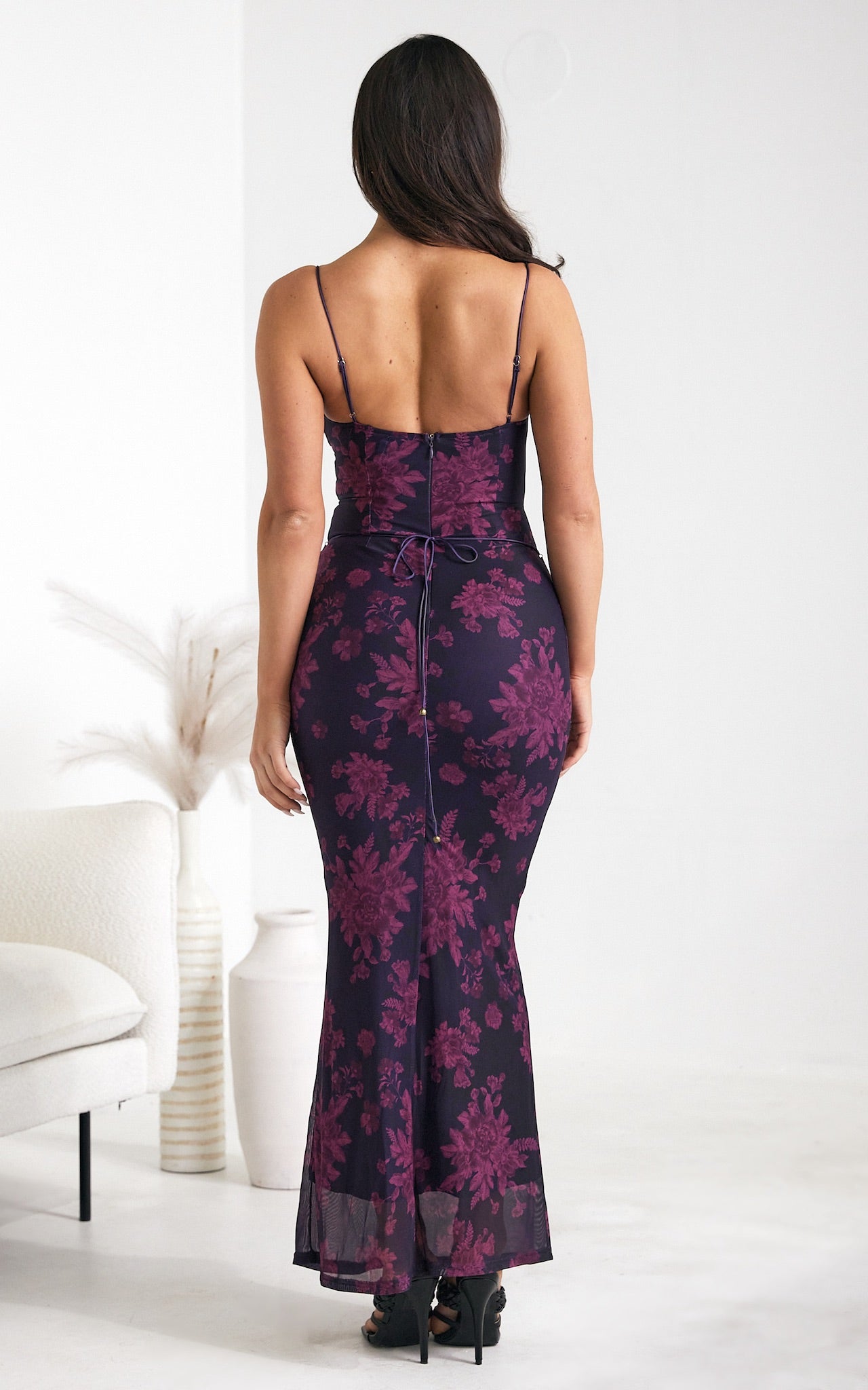 Lizzie Mesh Maxi Dress - Grape Purple Magenta Floral