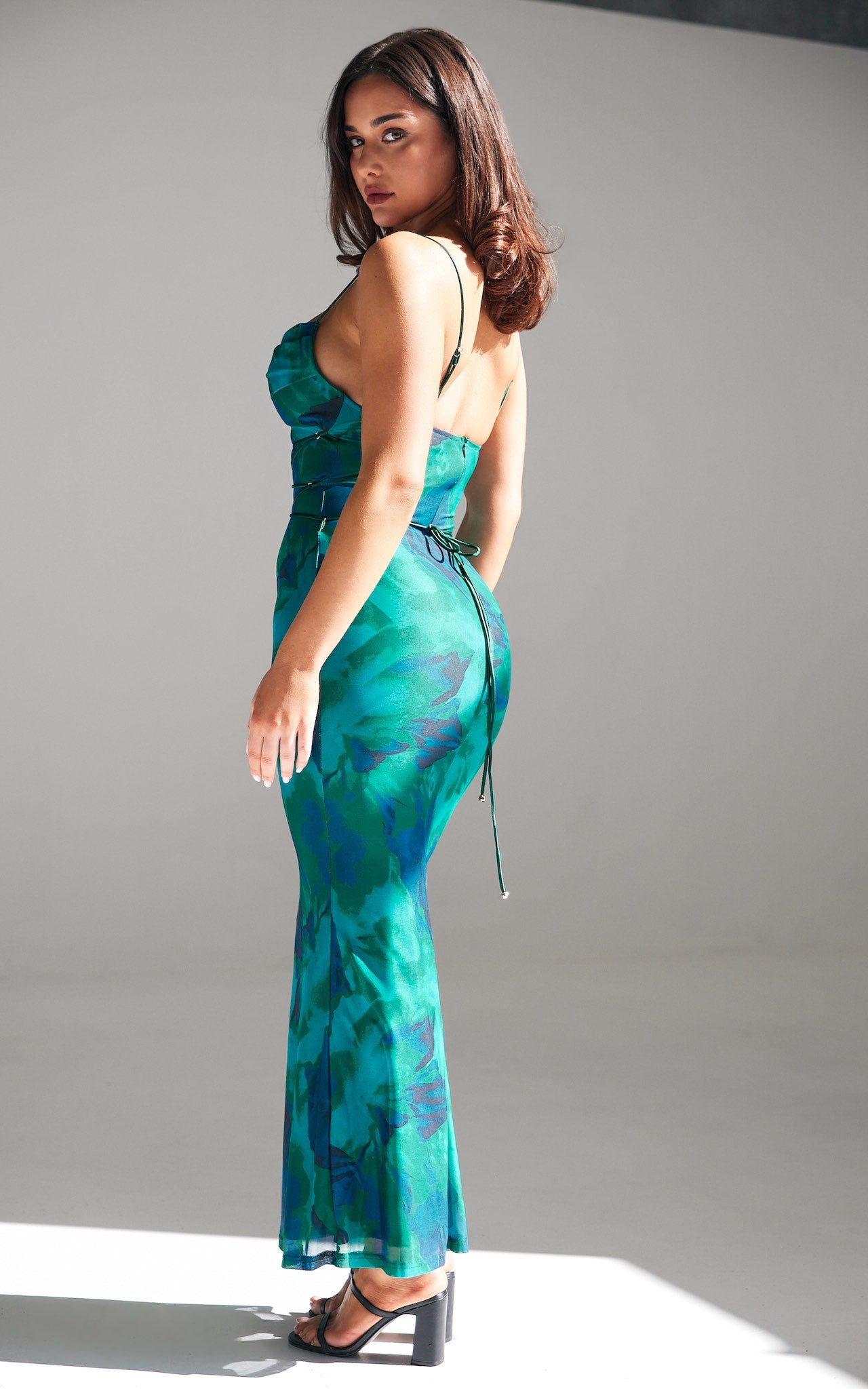 LIZZIE COWL NECK LACE UP WAIST TIE DETAIL MESH BODYCON MAXI DRESS - GREEN BLUE PRINT By Amica LIZZIE COWL NECK LACE UP WAIST TIE DETAIL MESH BODYCON MAXI DRESS - GREEN BLUE PRINT By Amica