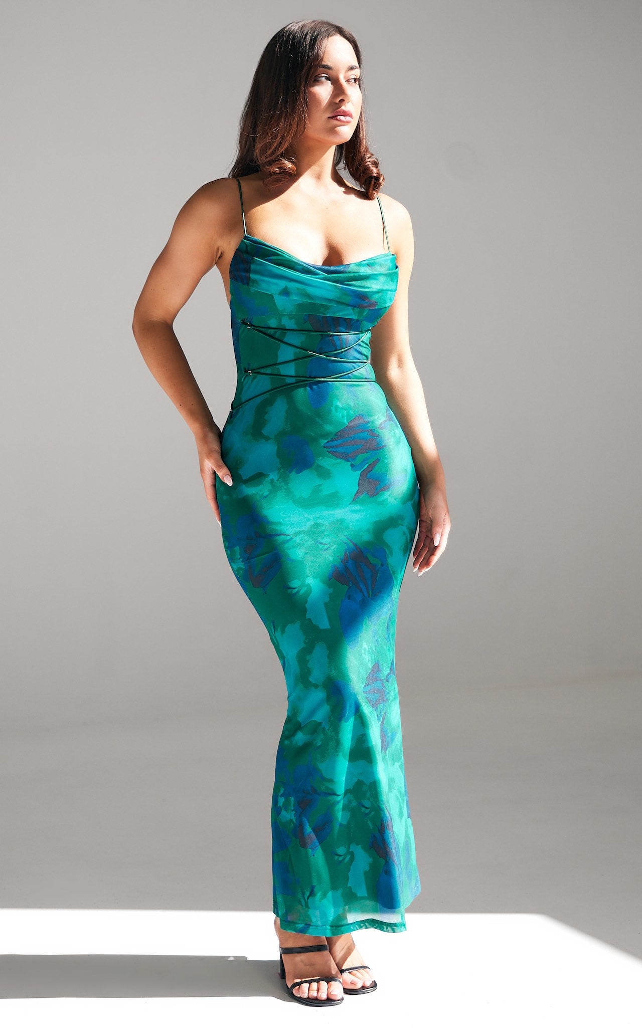 Lizzie Mesh Maxi Dress - Green Blue Print