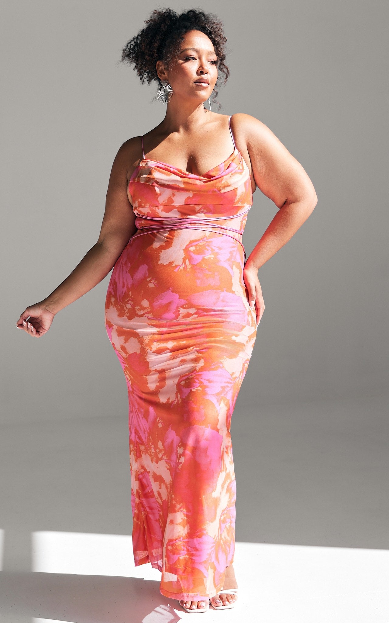 Lizzie Mesh Maxi Dress - Pink Orange Print