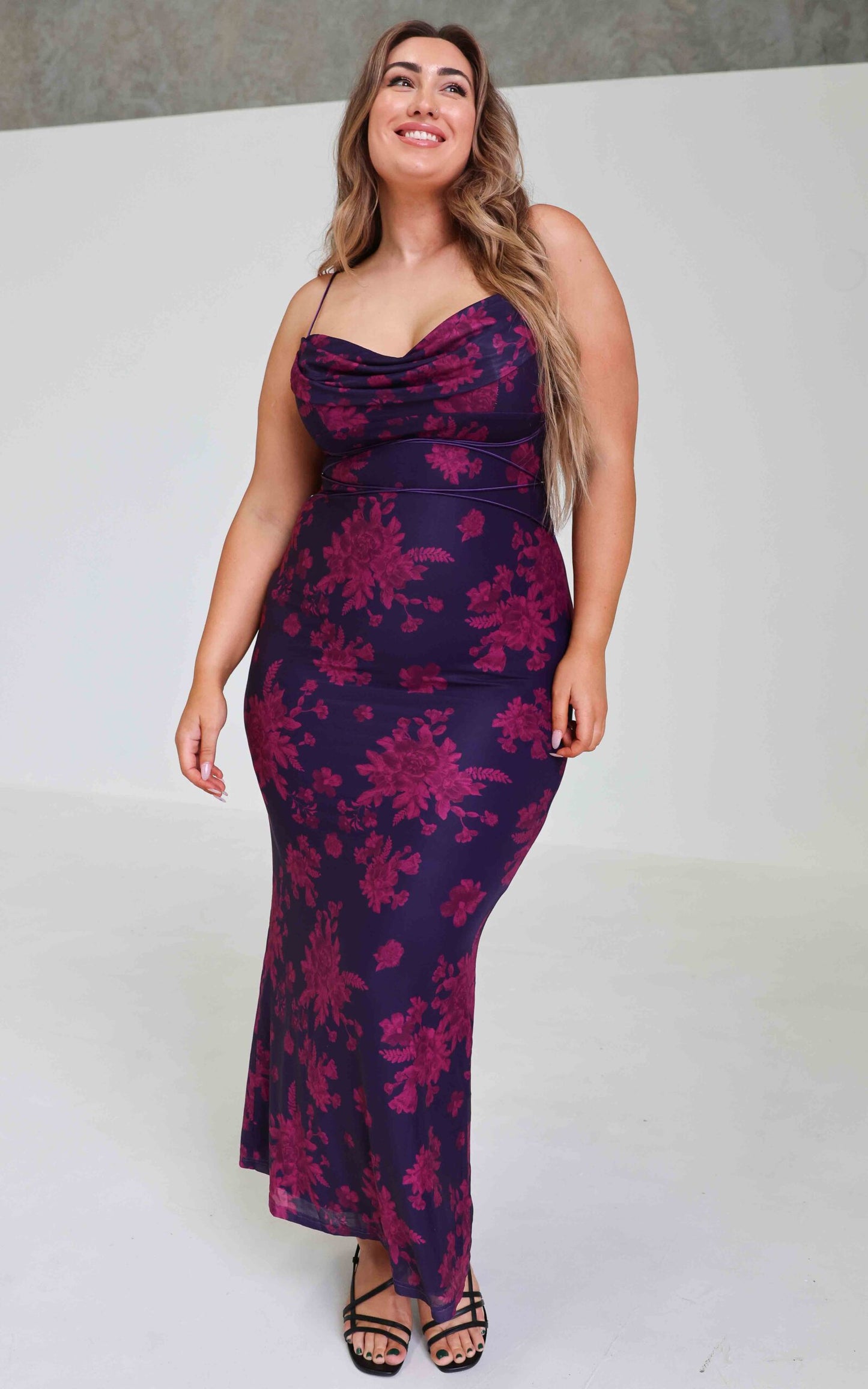 Lizzie Mesh Maxi Dress - Grape Purple Magenta Floral