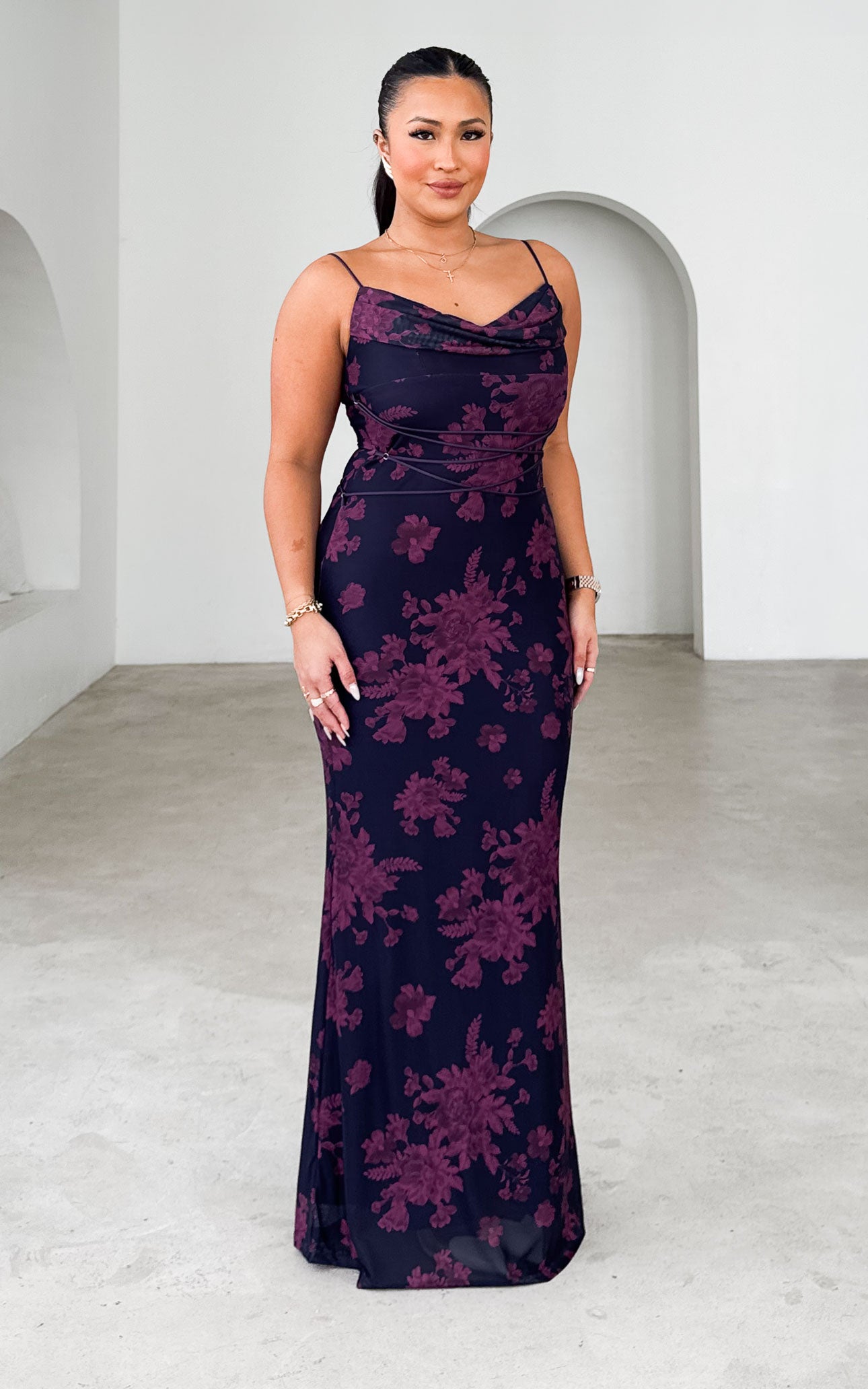 Lizzie Mesh Maxi Dress - Grape Magenta Floral