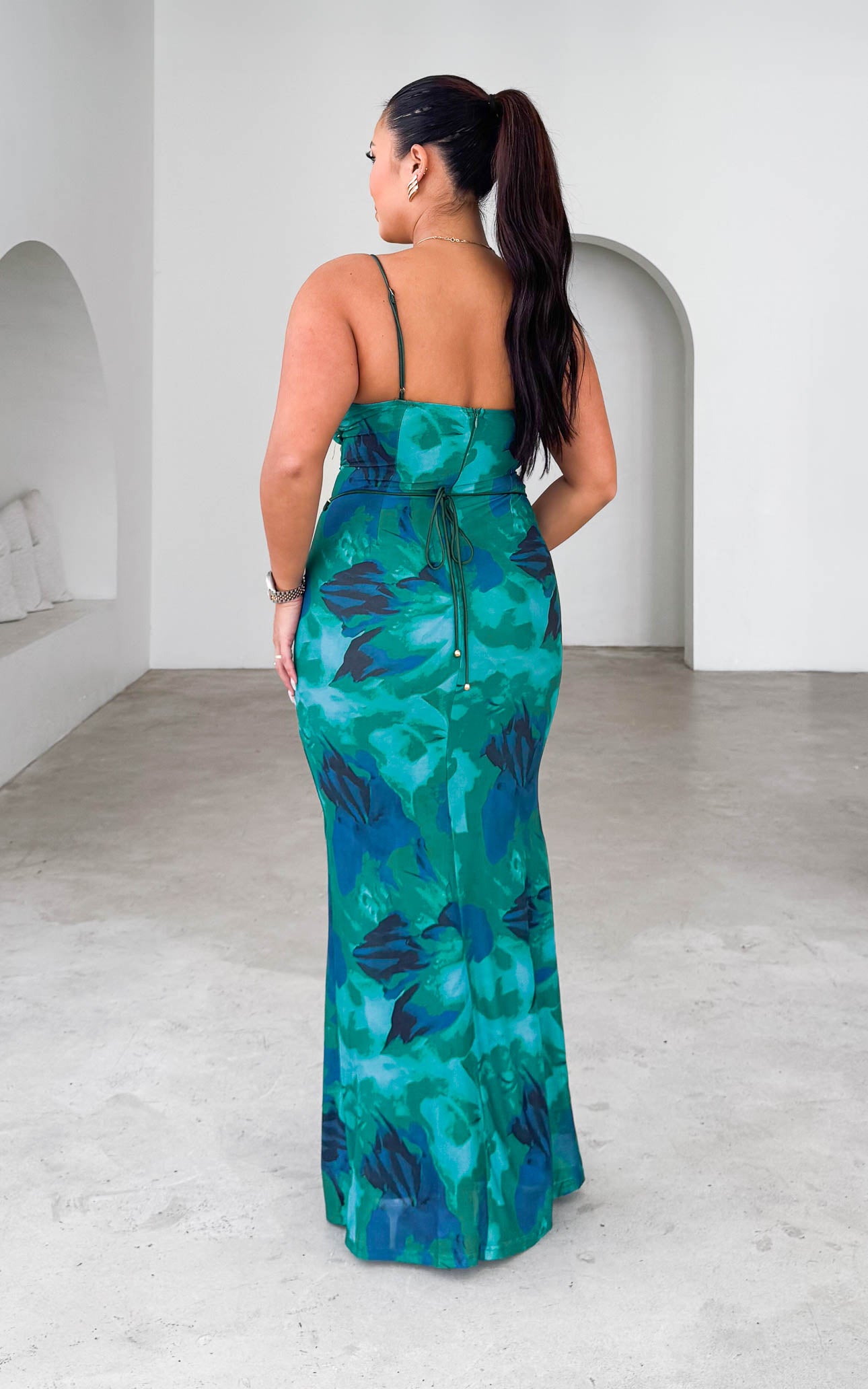 Lizzie Mesh Maxi Dress - Green Blue Print