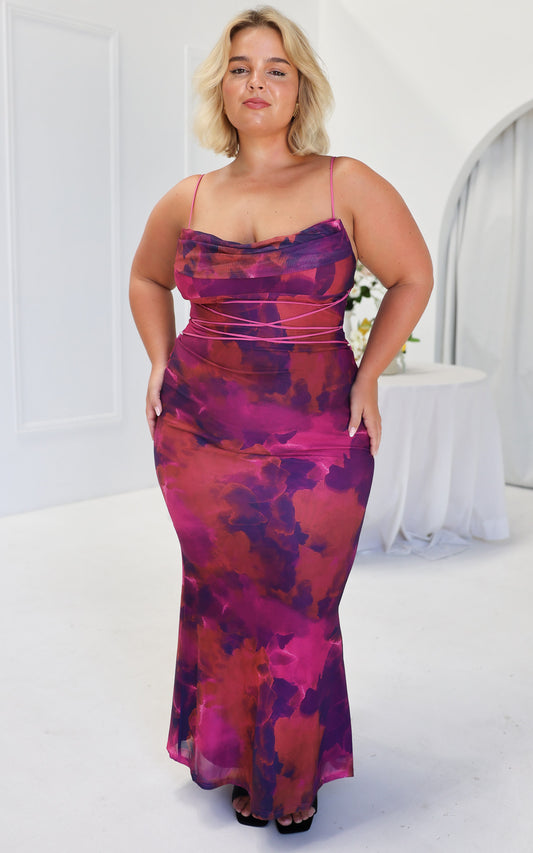 Lizzie Mesh Maxi Dress - Plum Multi Print