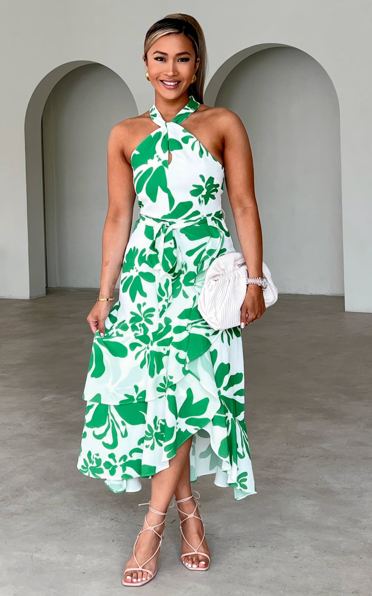 Lucetta Midi Dress - White Green Print