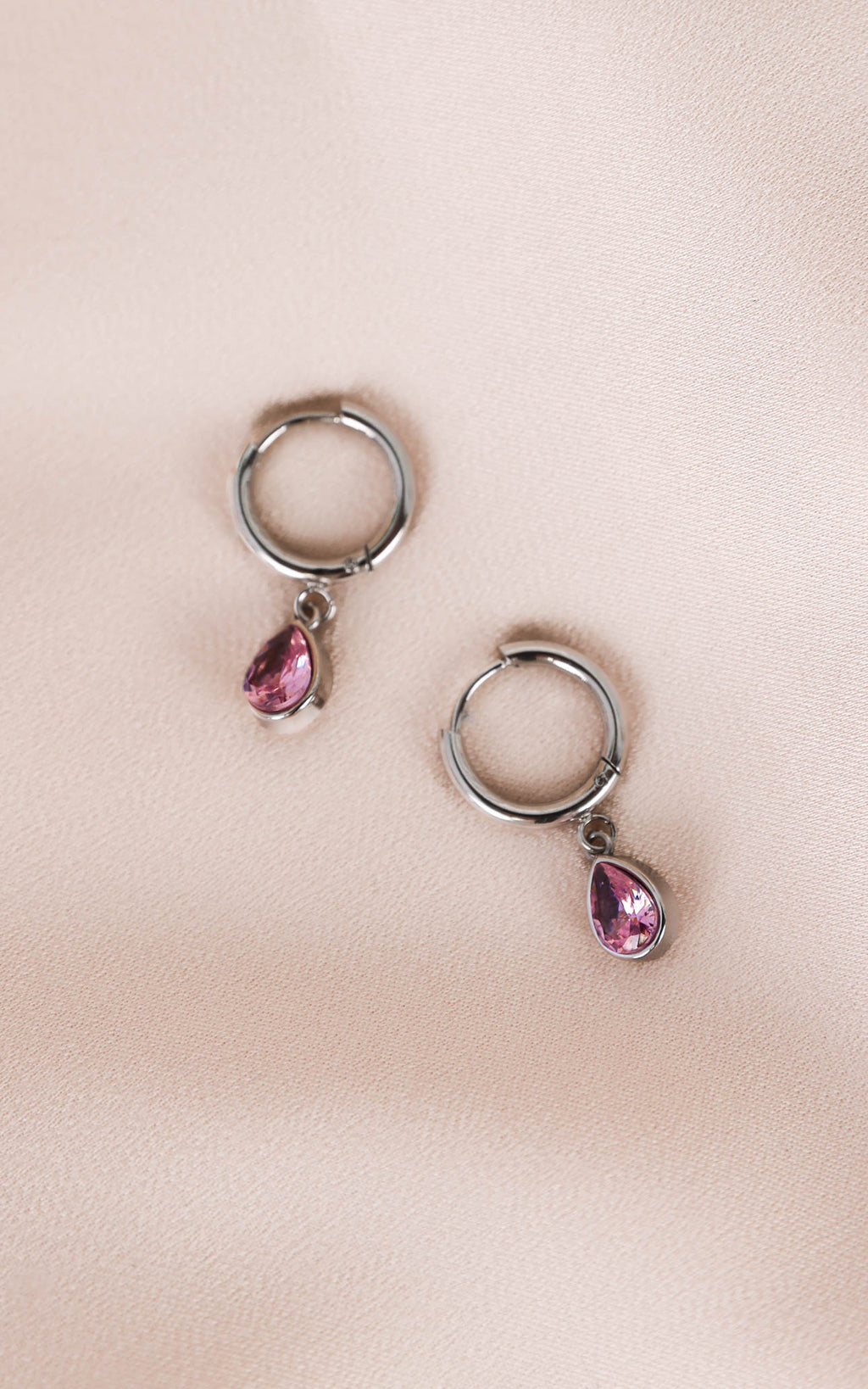 Lynnie Dainty Hoop Charm Earrings - Silver Pink Tear Diamante