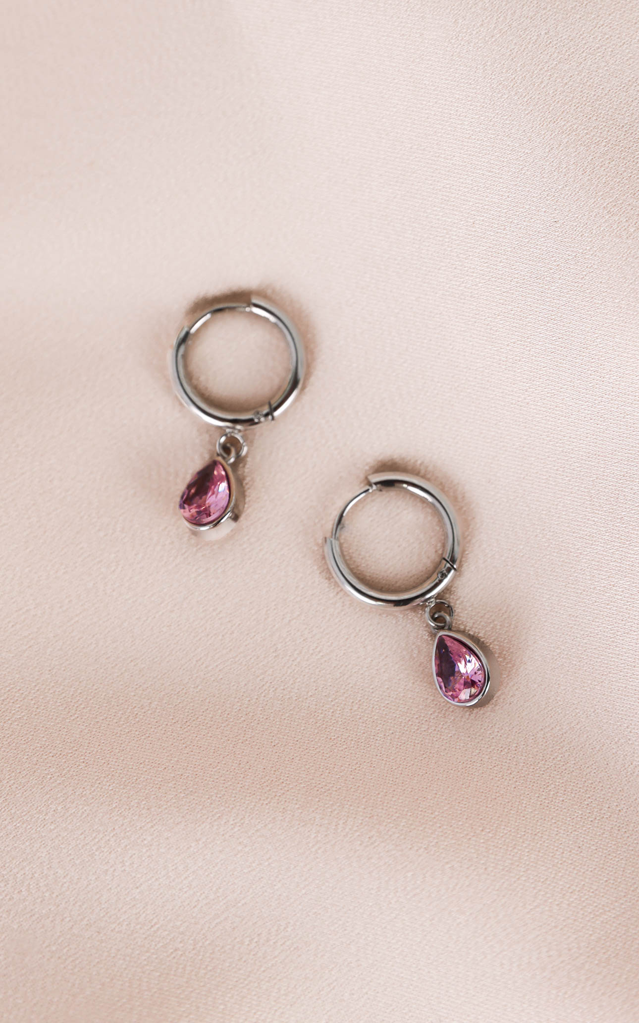 Lynnie Dainty Hoop Charm Earrings - Silver Pink Tear Diamante