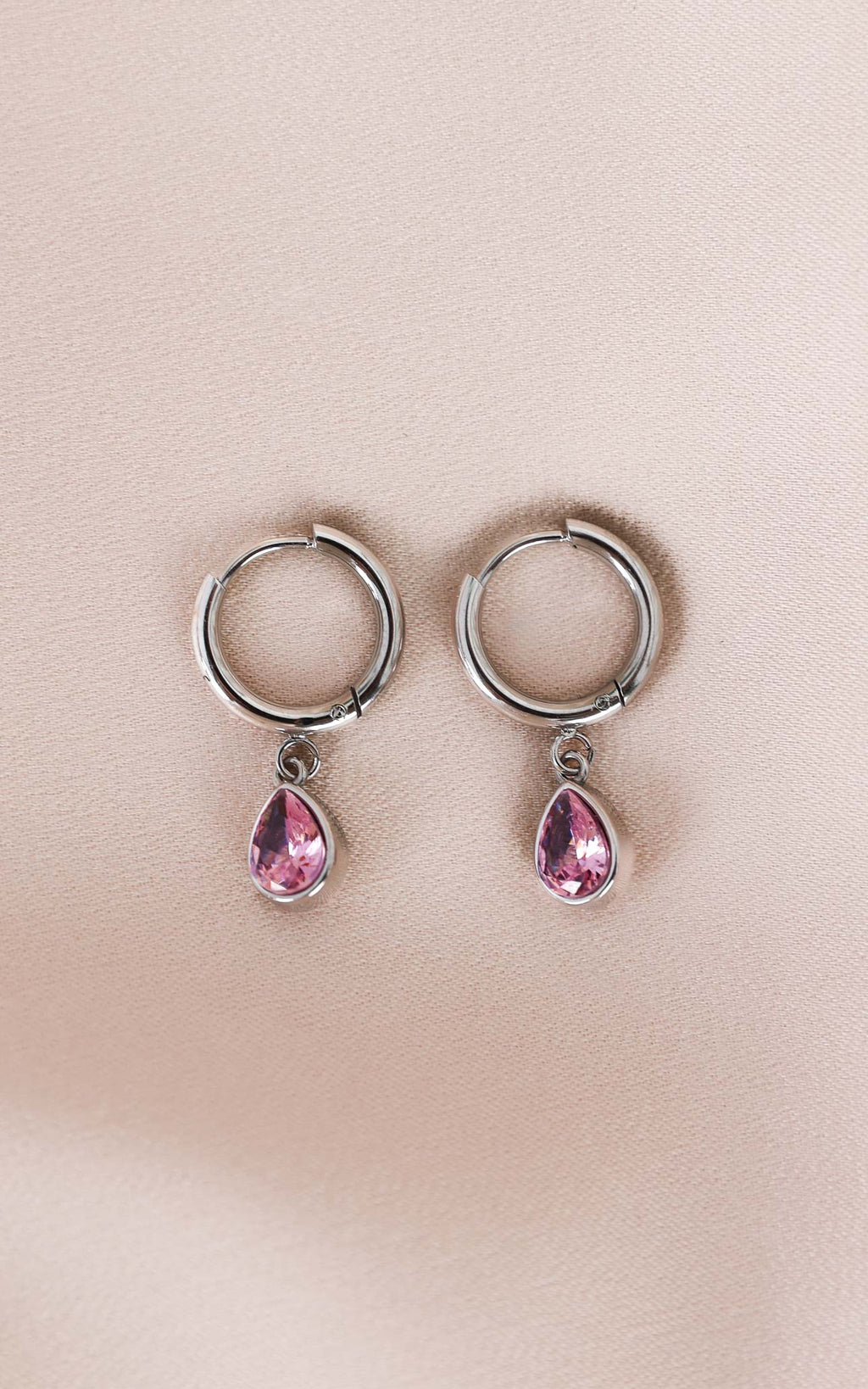 Lynnie Dainty Hoop Charm Earrings - Silver Pink Tear Diamante