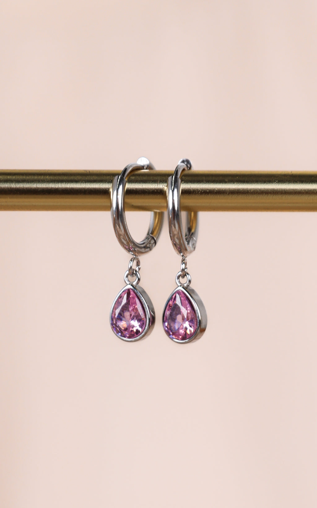Lynnie Dainty Hoop Charm Earrings - Silver Pink Tear Diamante