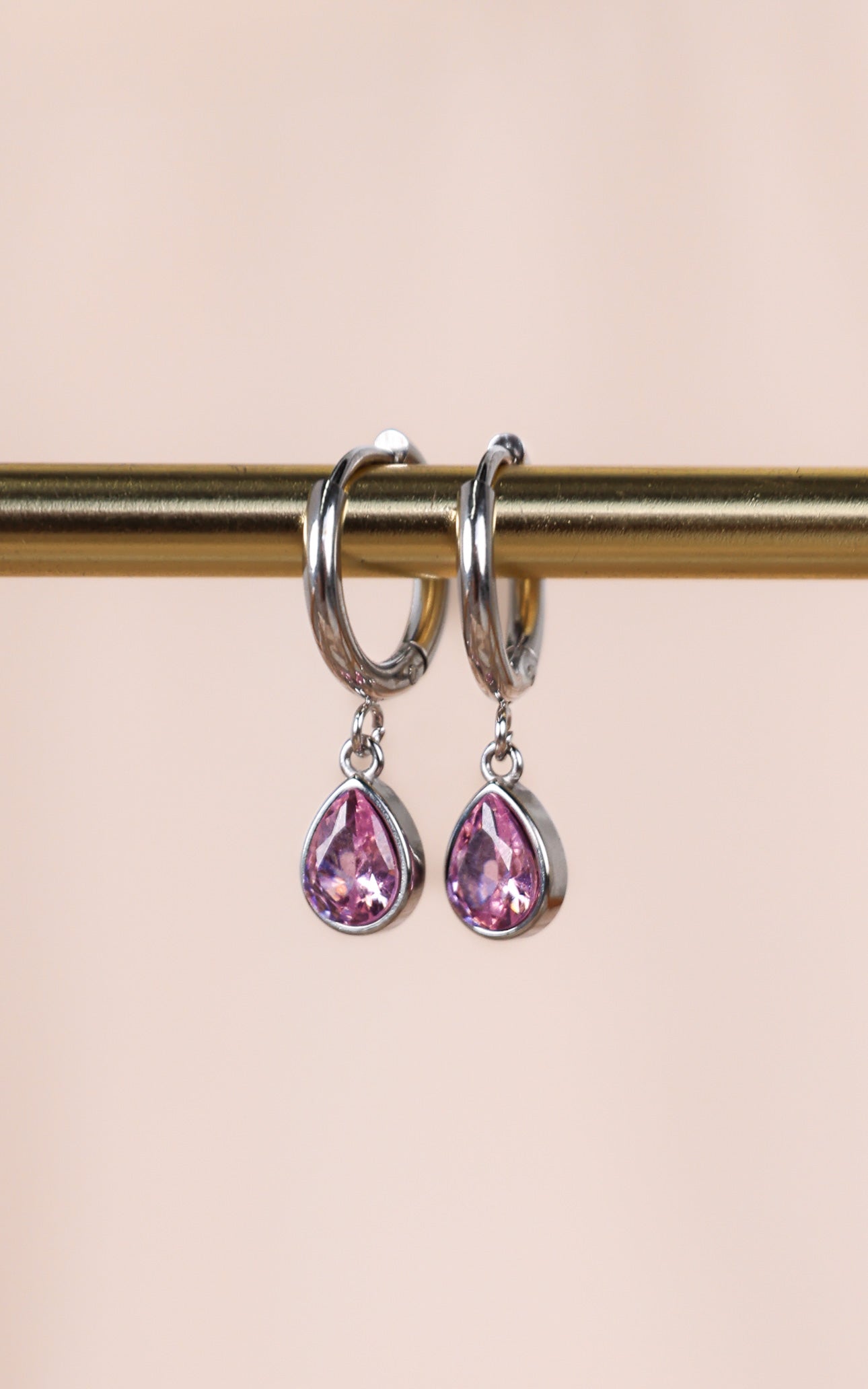 Lynnie Dainty Hoop Charm Earrings - Silver Pink Tear Diamante