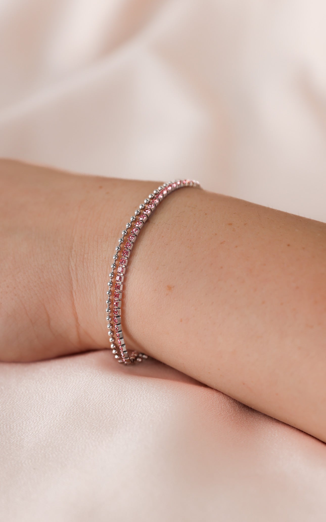 Lynn Double Chain Bracelet - Silver Pink Diamante