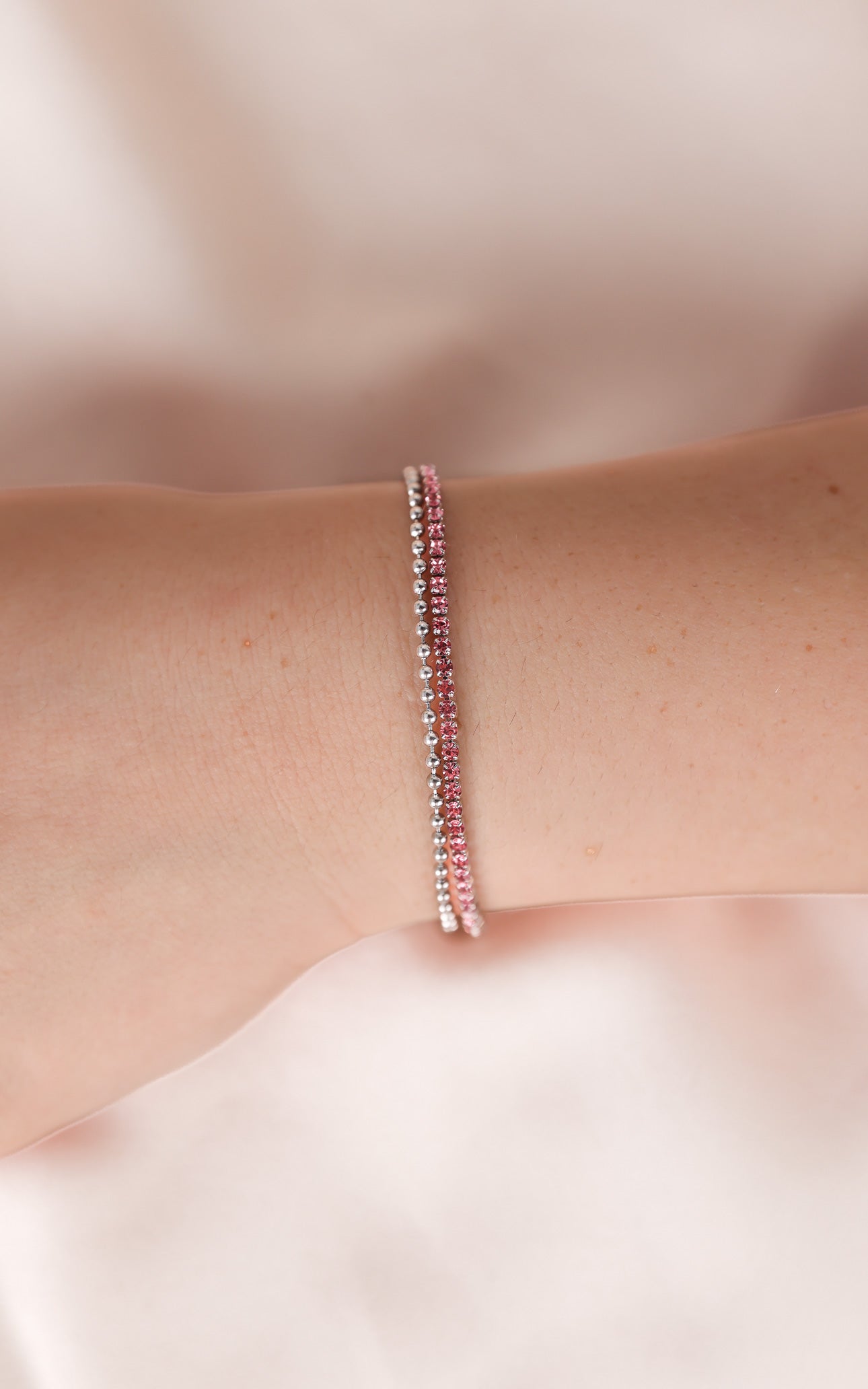 Lynn Double Chain Bracelet - Silver Pink Diamante