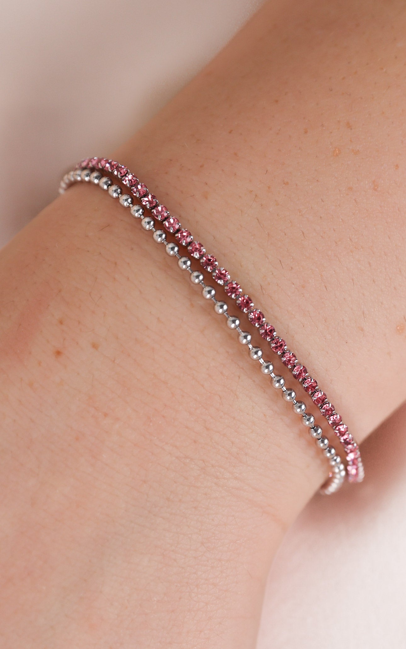 Lynn Double Chain Bracelet - Silver Pink Diamante