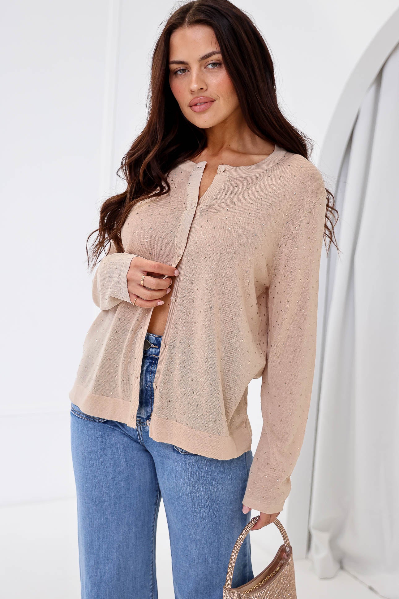Lumiere Diamante Knit Cardigan - Beige