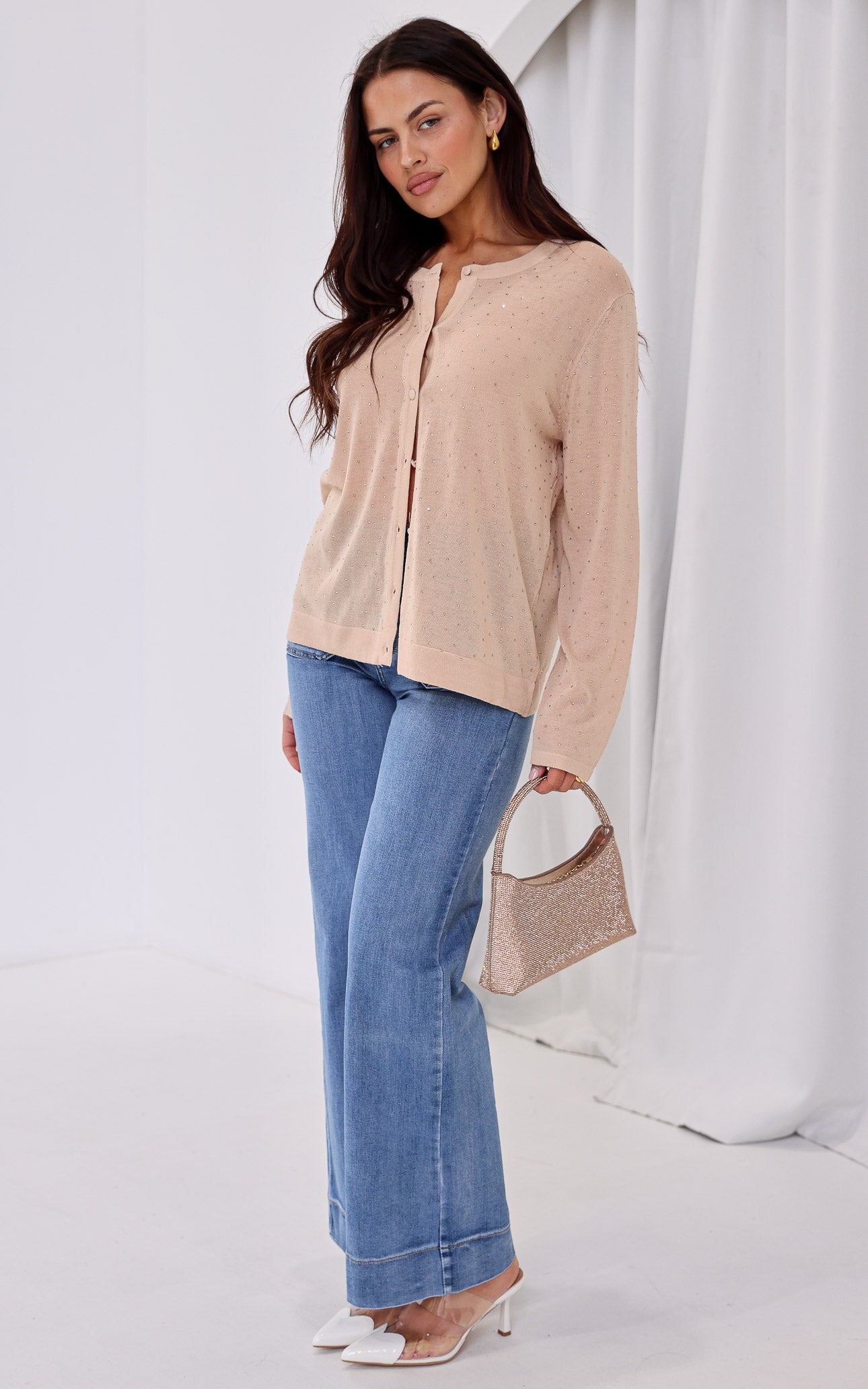 Lumiere Diamante Knit Cardigan - Beige