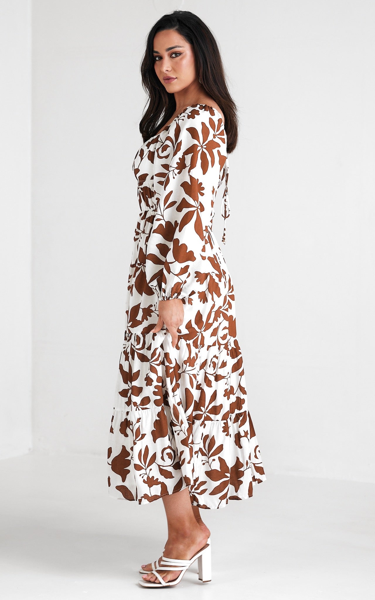 Mabel Maxi Dress - White Brown Floral