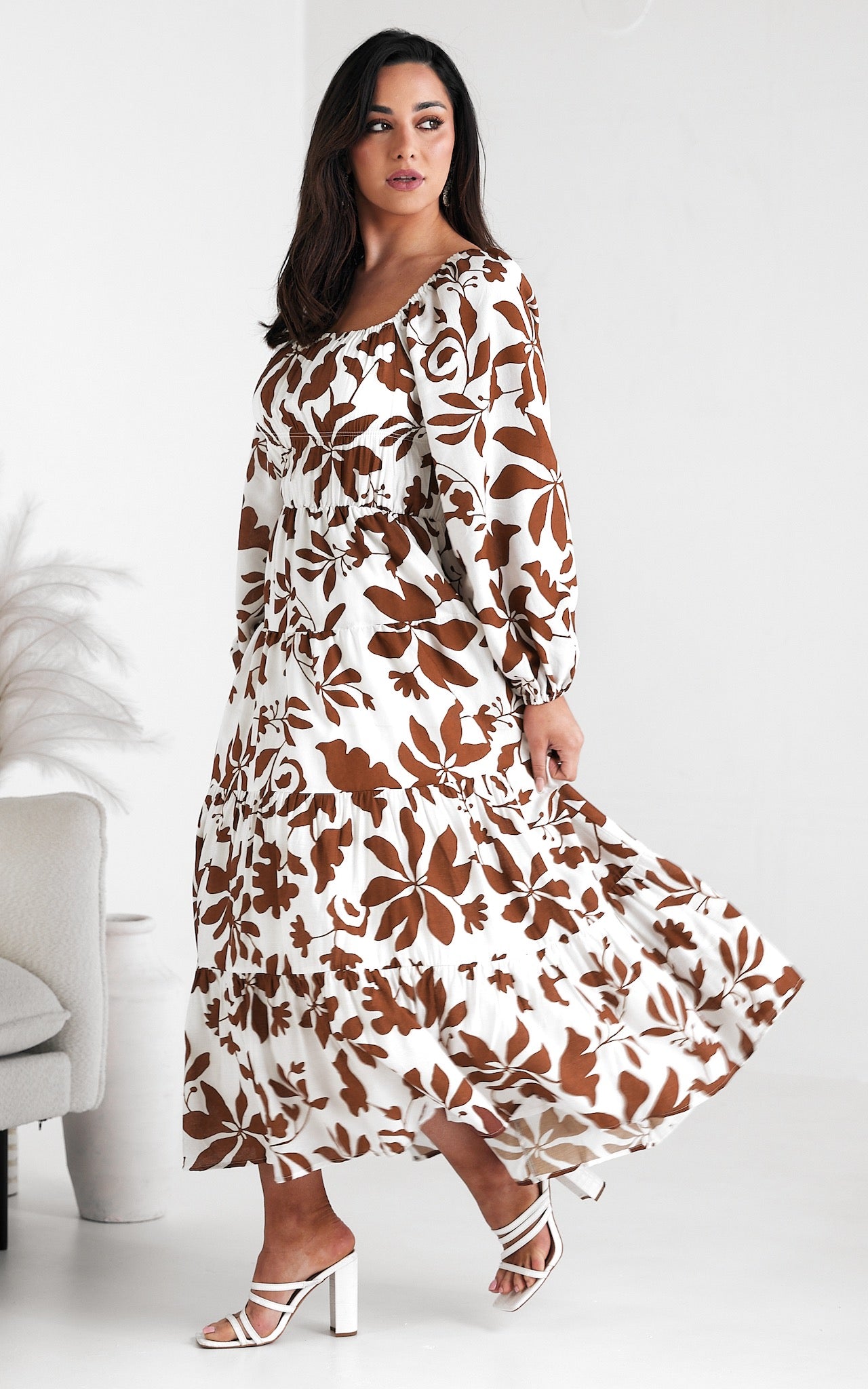 Mabel Maxi Dress - White Brown Floral