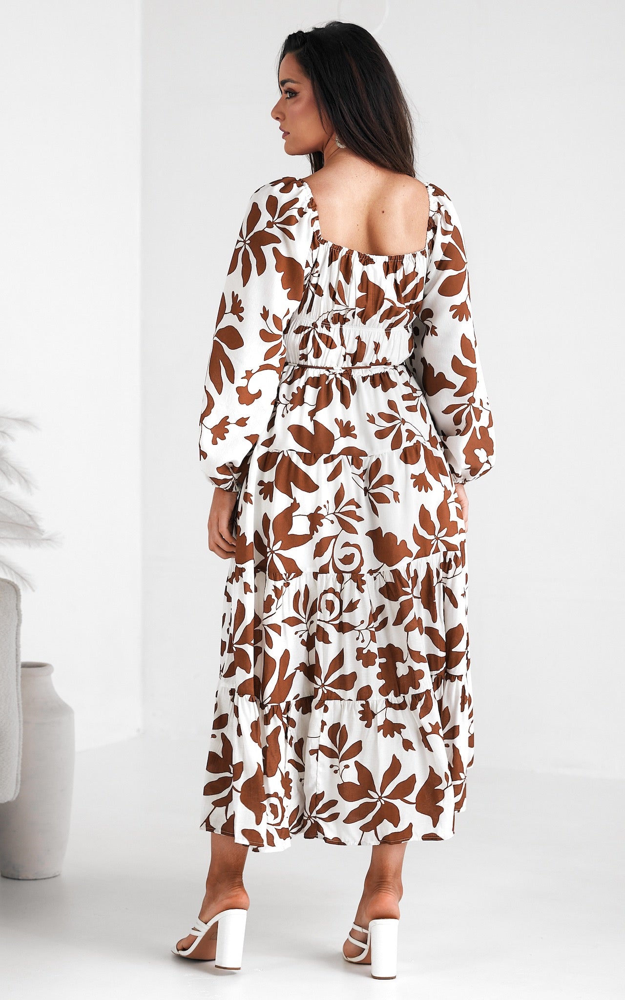 Mabel Maxi Dress - White Brown Floral