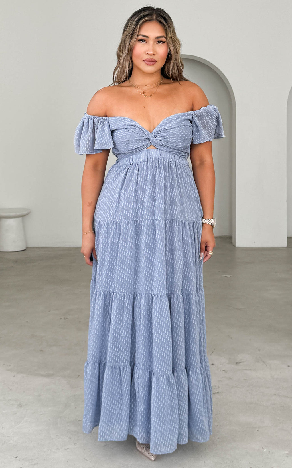 Odessey Tie Up Back Maxi Dress - Dusty Blue Texture