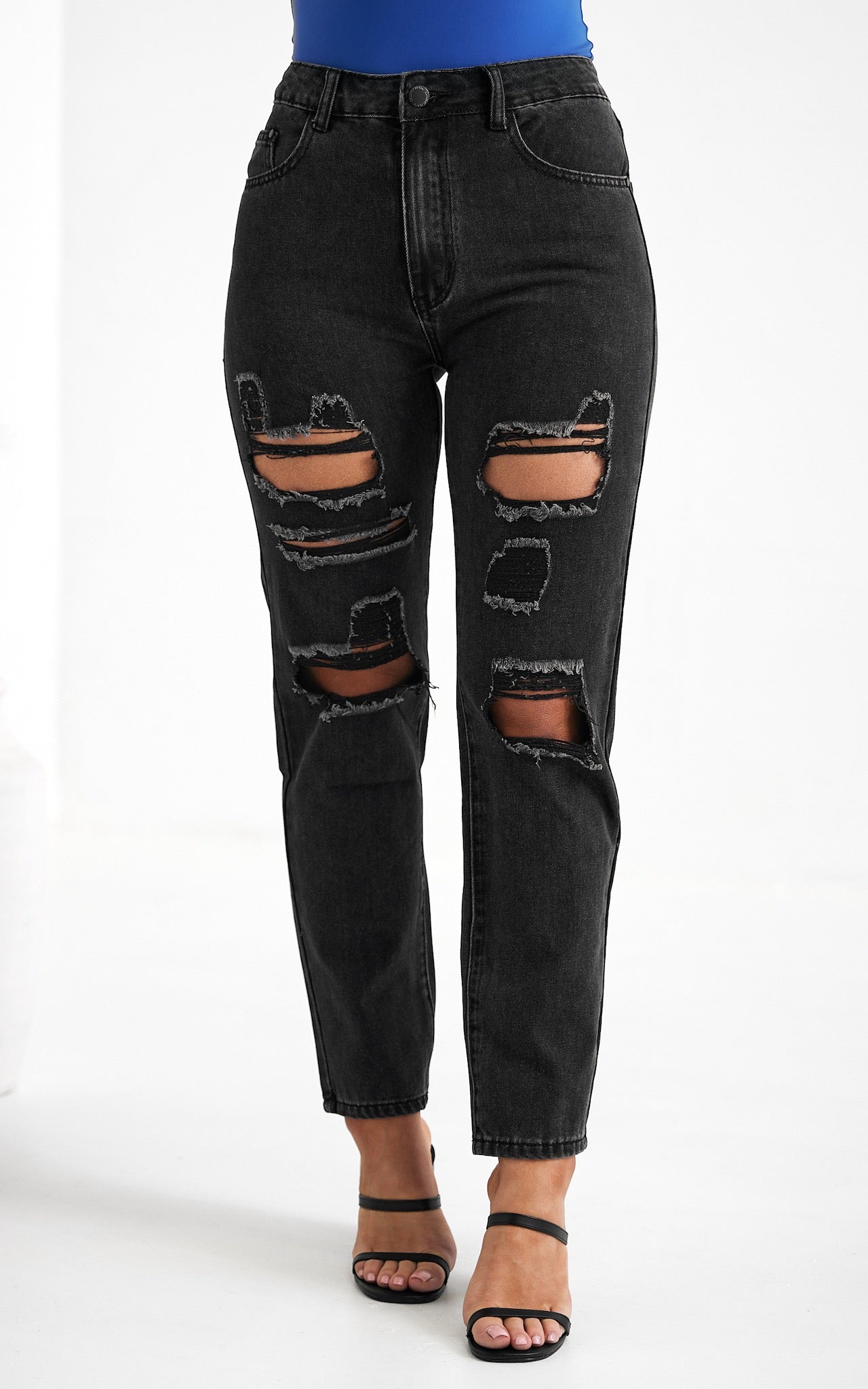 Maldives Distressed Ripped Mom Jeans - Charcoal Black