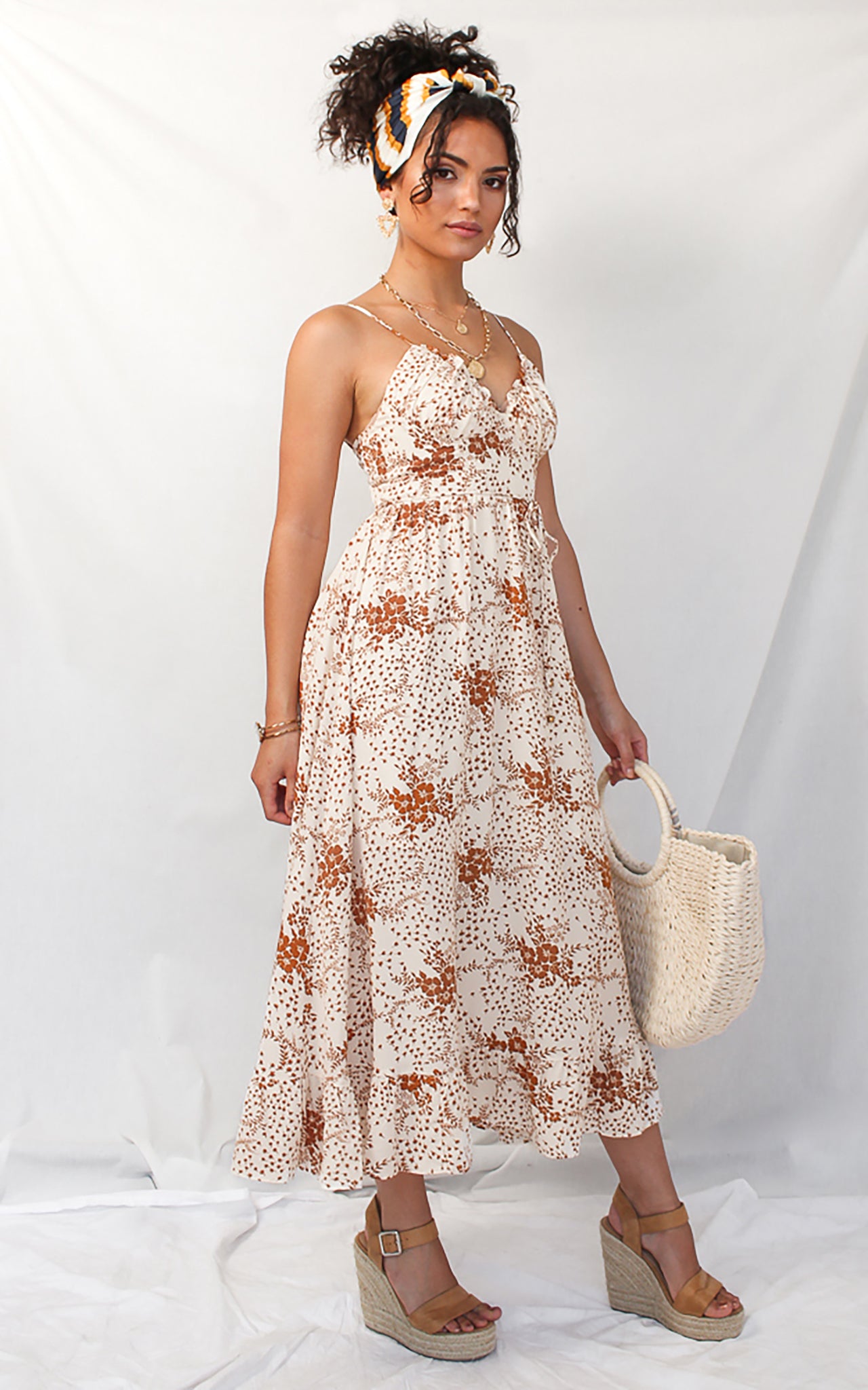 Marilyn Dress - White Tan Floral