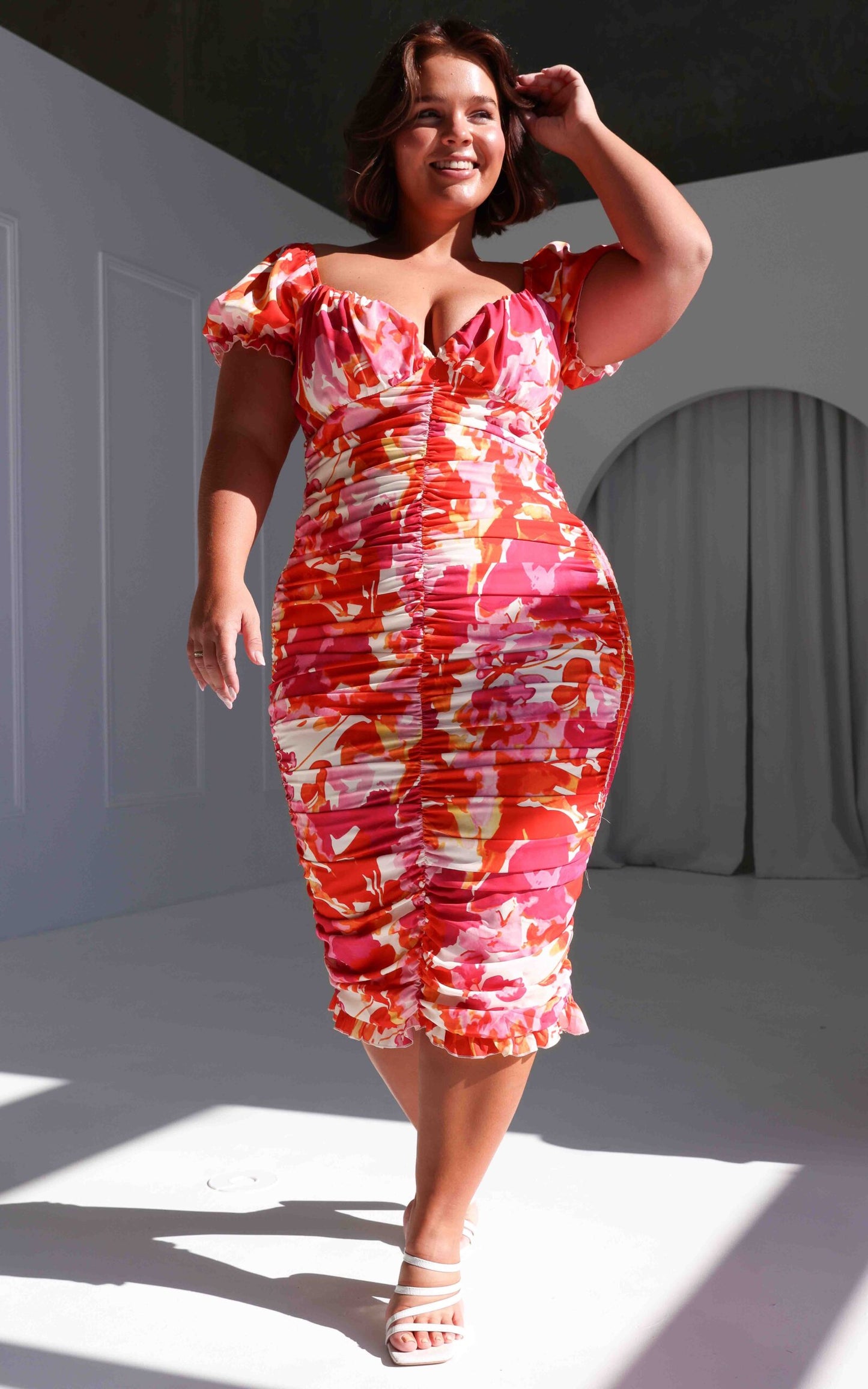 Marlow Midi Dress - Orange Pink Blur Print