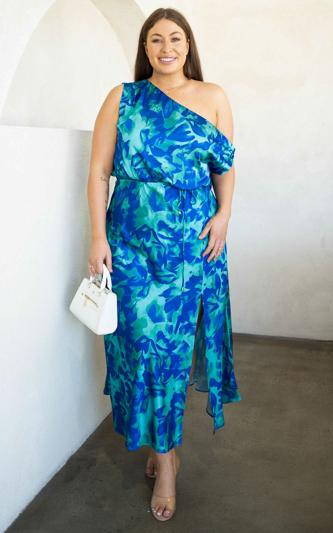 MARTISHA ASYMMETRIC OFF SHOULDER SPLIT MAXI DRESS - GREEN BLUE PRINT By Amica MARTISHA ASYMMETRIC OFF SHOULDER SPLIT MAXI DRESS - GREEN BLUE PRINT By Amica