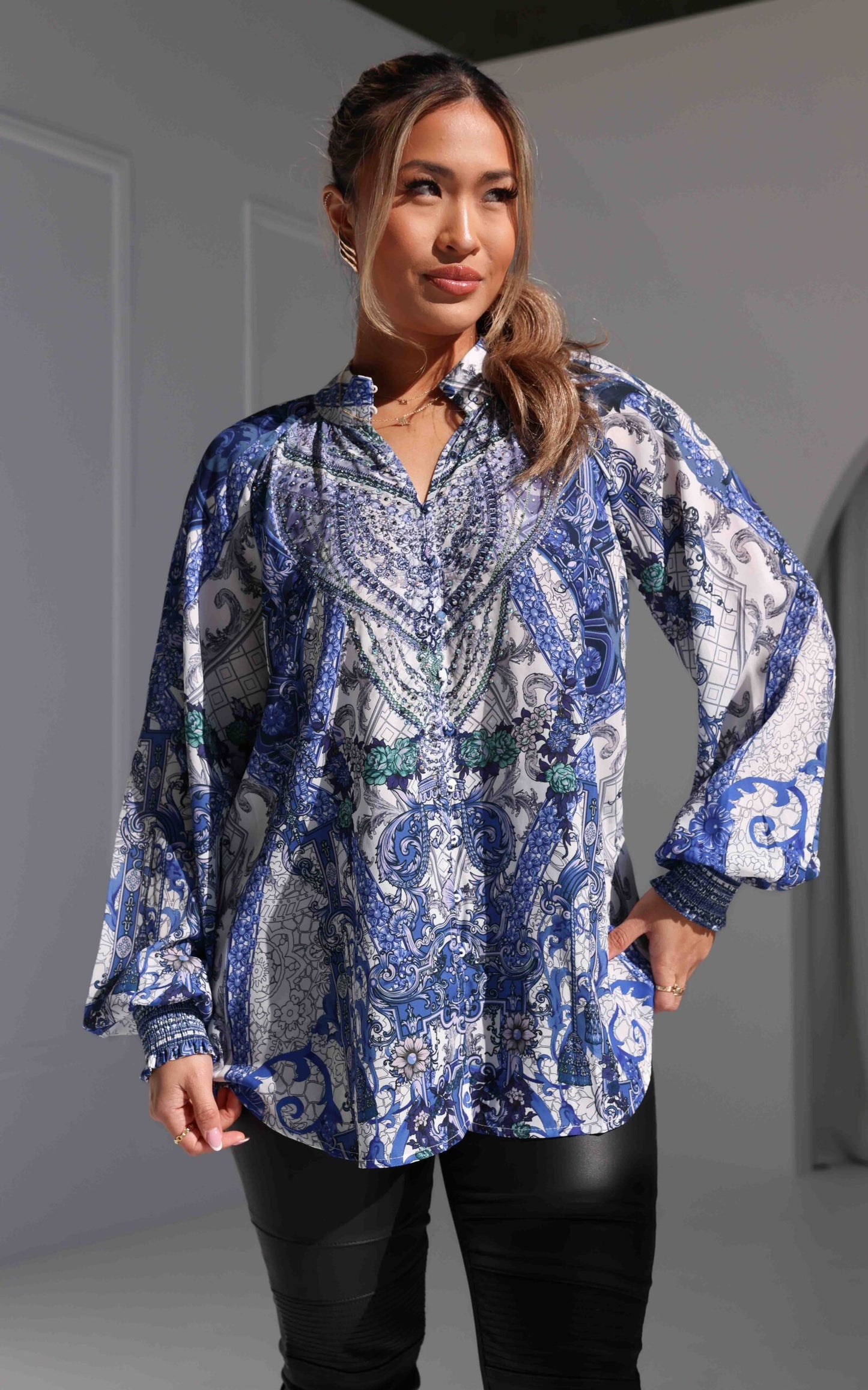 Maysa Gem Embellished Shirt Blouse - Blue White Floral