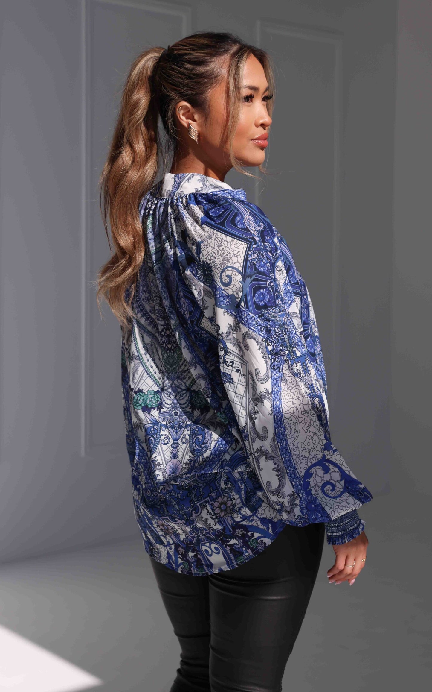 Maysa Gem Embellished Shirt Blouse - Blue White Floral