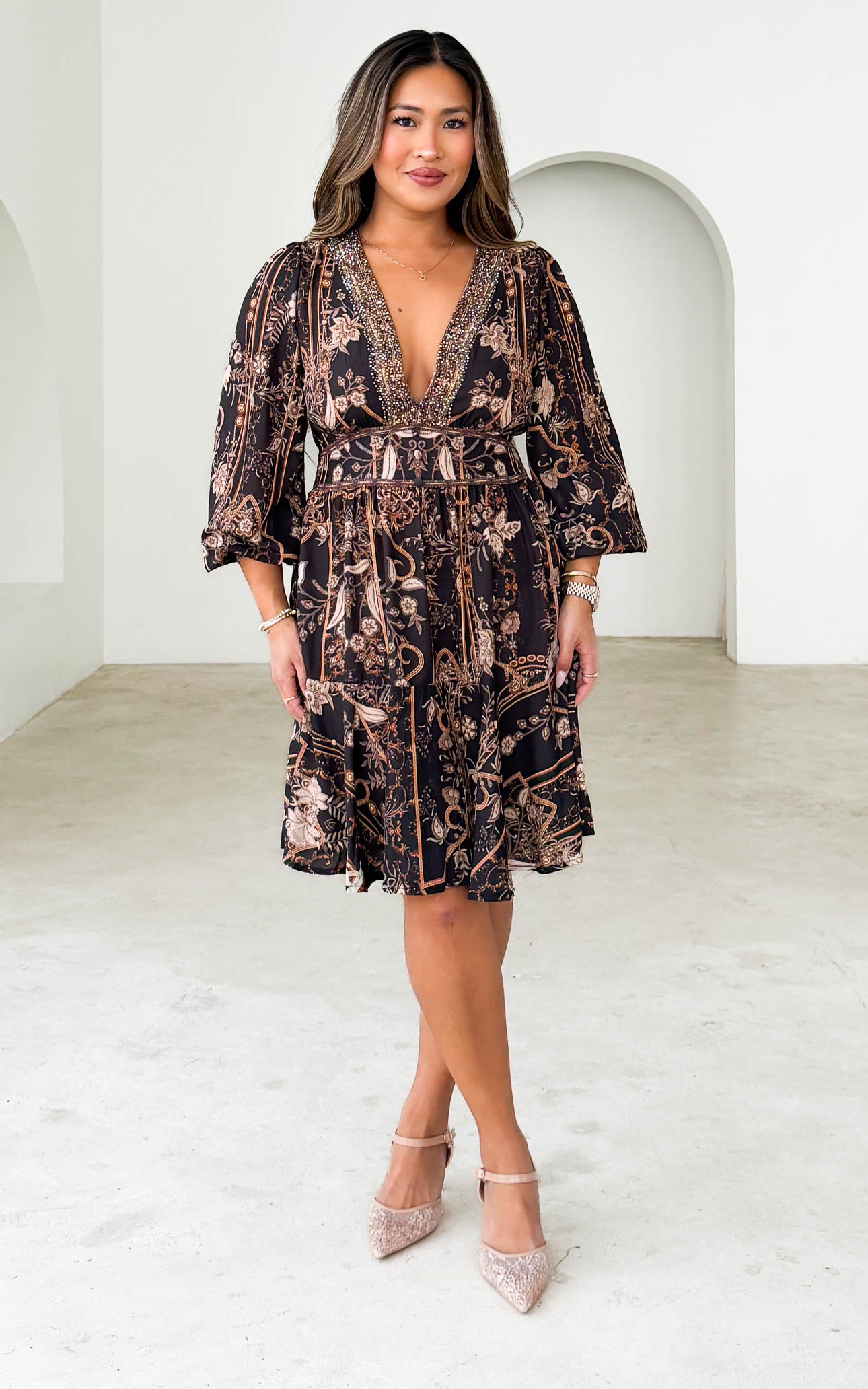 Mayura Gem Embellished Mini Dress - Black Bronze Print