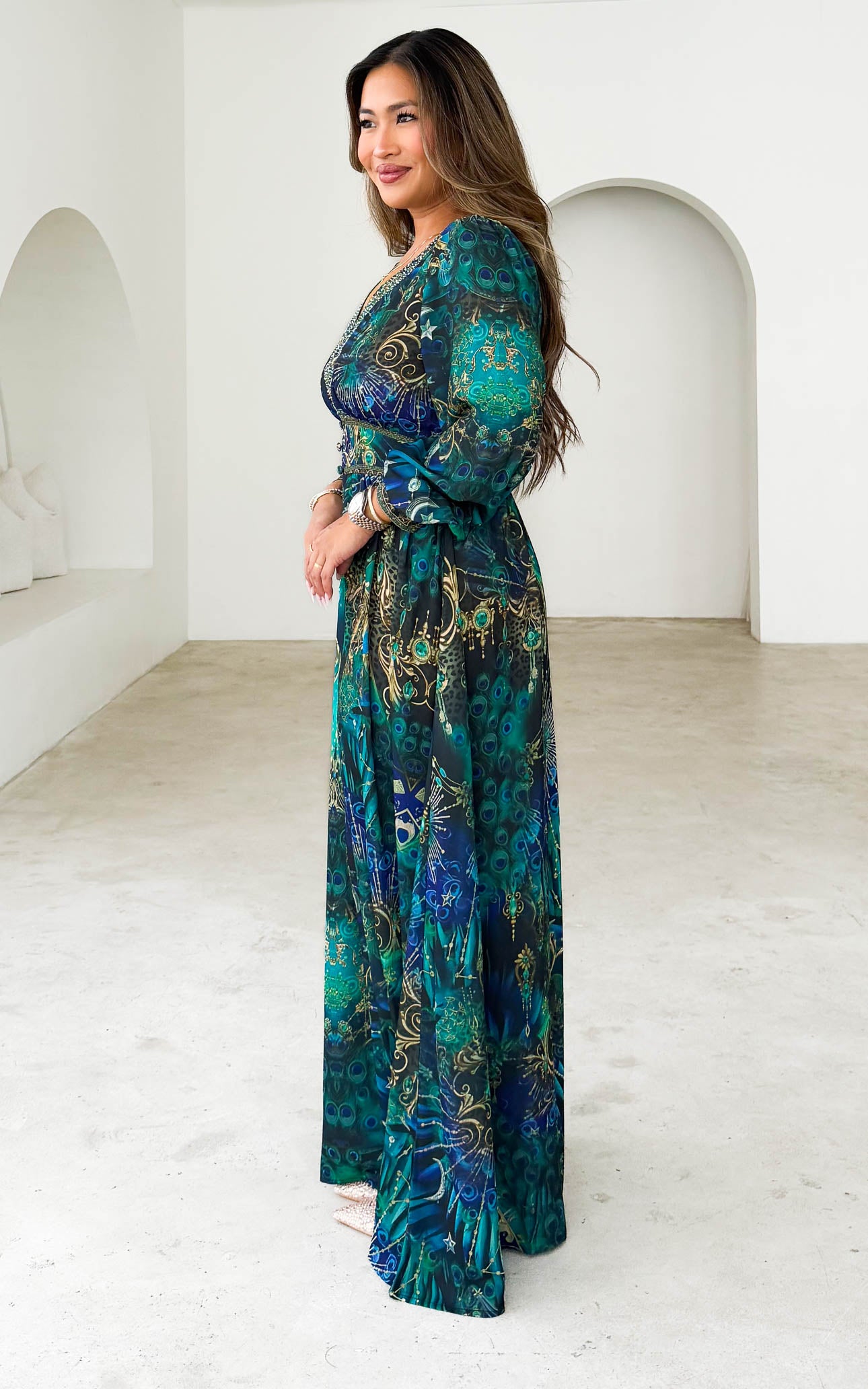 bohemian peacock print maxi dress Unique Vintage Green & Gold Foil Peacock Print Maxi Dress