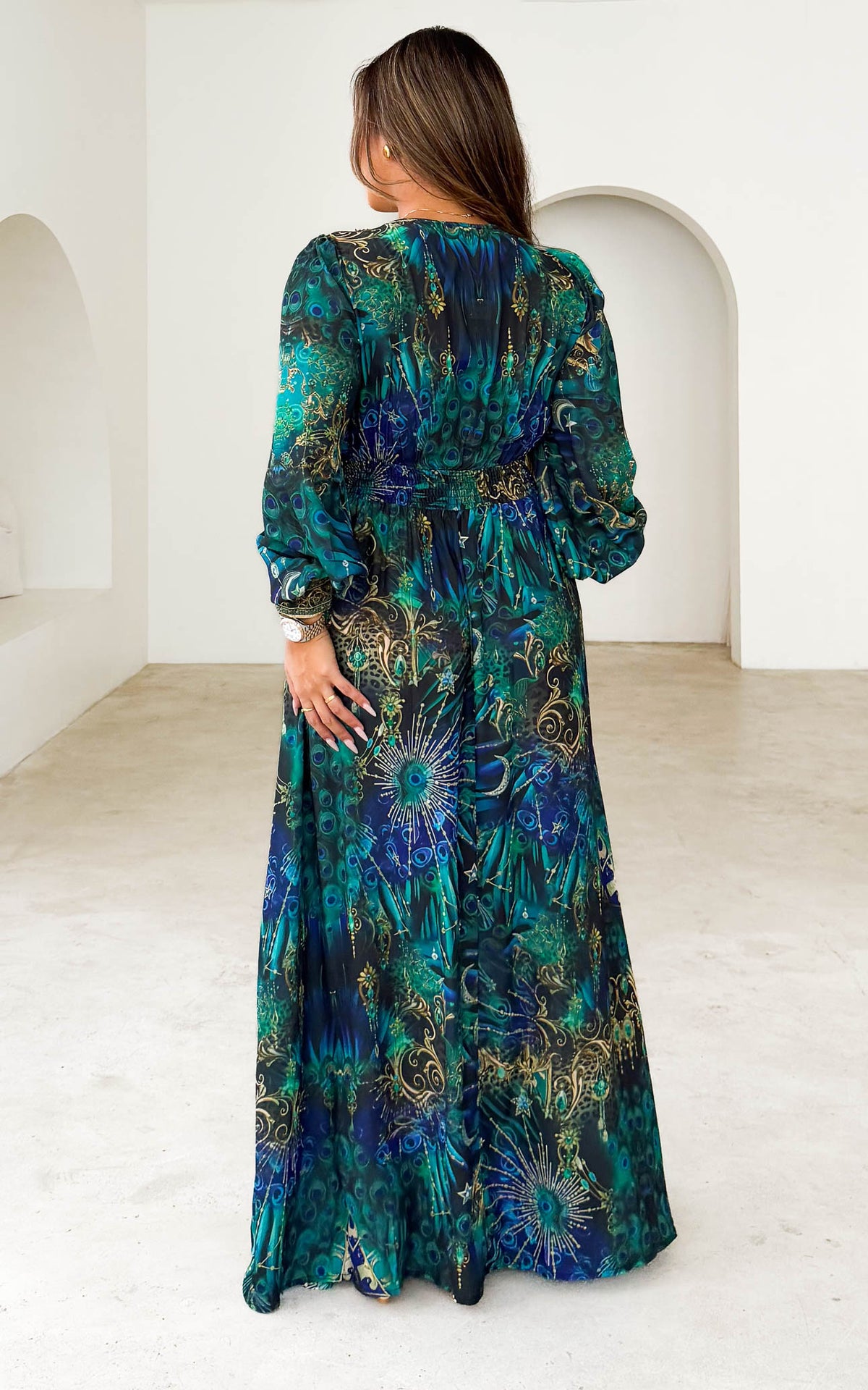 Mayura Gem Embellished Maxi Dress - Peacock Print