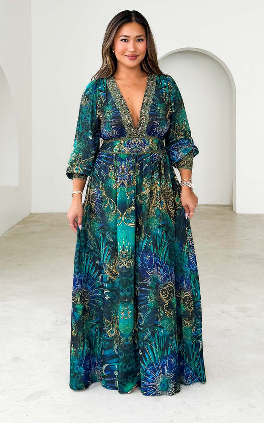 Mayura Gem Embellished Maxi Dress - Peacock Print