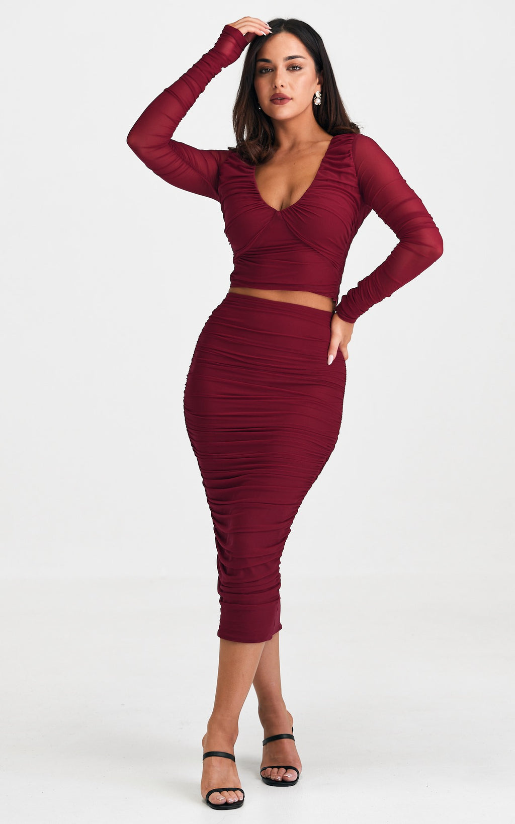 Melody Long Sleeve Mesh Crop Top - Wine