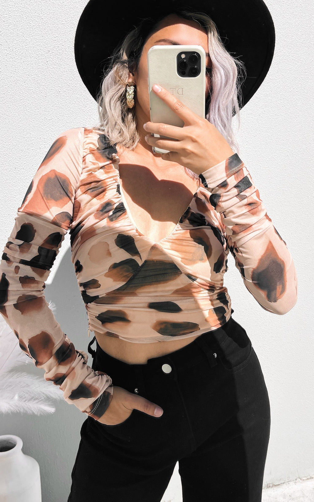 Melody Long Sleeve Mesh Crop Top - Leopard Print