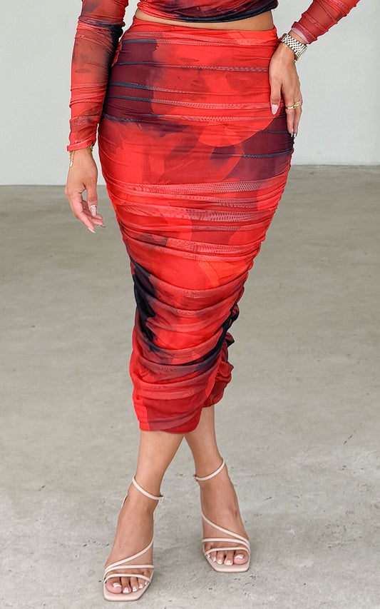 Melody Meshmidi Skirt - Red Black Abstract Print