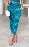 Melody Mesh Midi Skirt - Green Blue Print