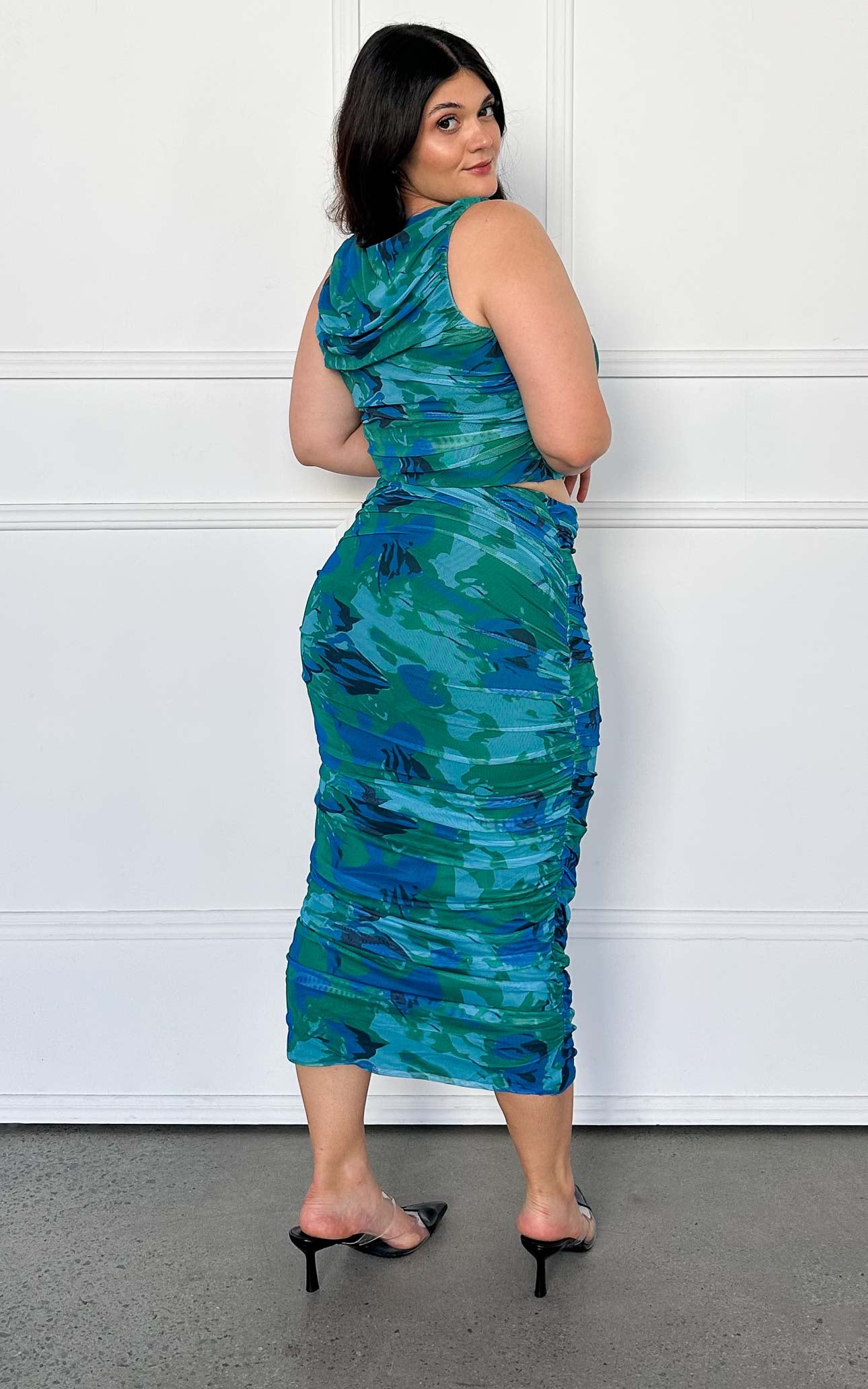 Melody Mesh Midi Skirt - Green Blue Print