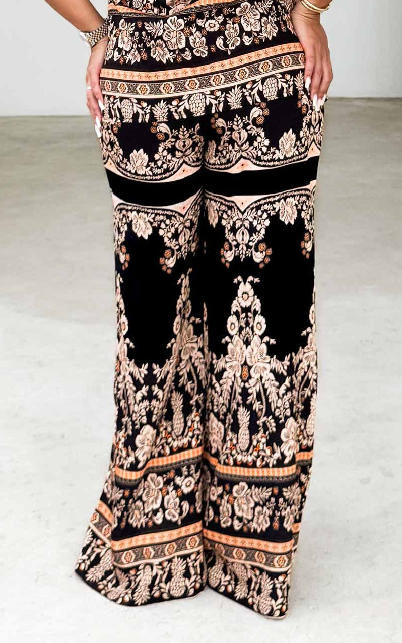 Parker Wide Leg Pants - Black Orange Print