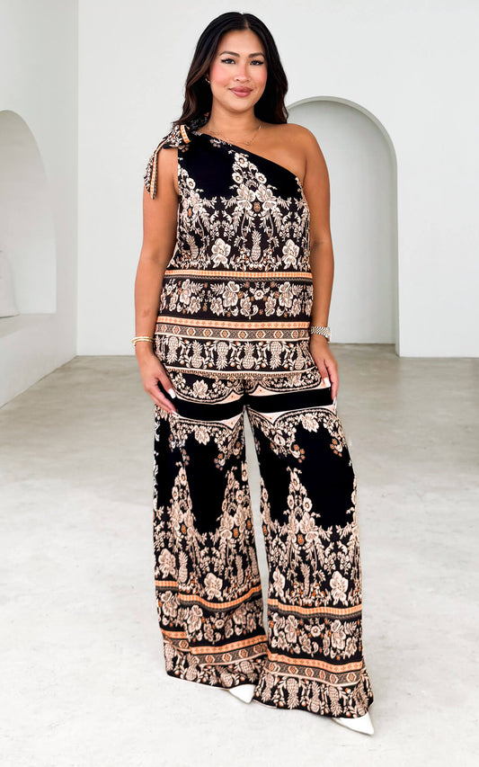 Parker Wide Leg Pants - Black Orange Print